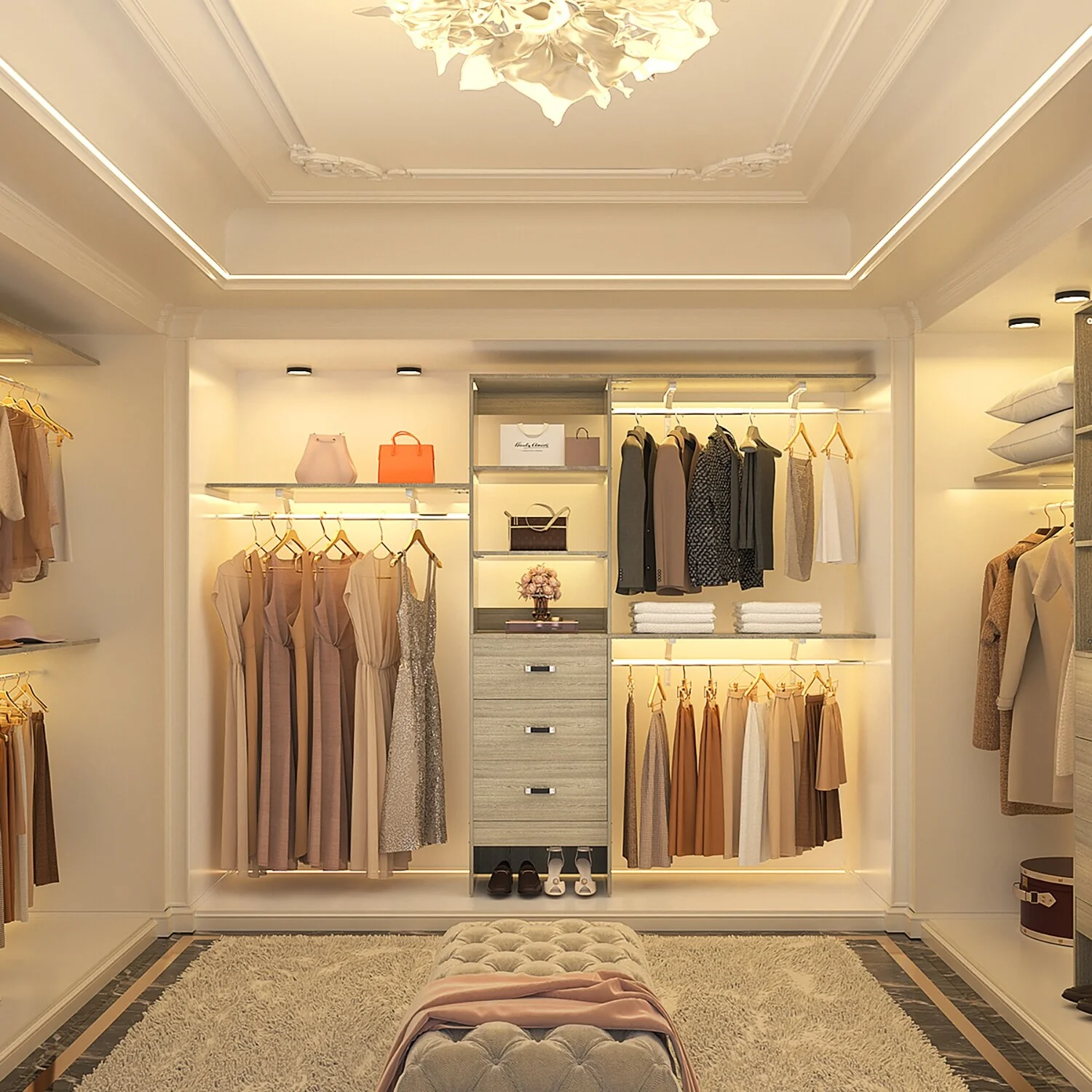 Rackcog 120'' Closet Organizer with Drawers, Closet System with DIY Shelves for Reach-in and Walk-in Closet