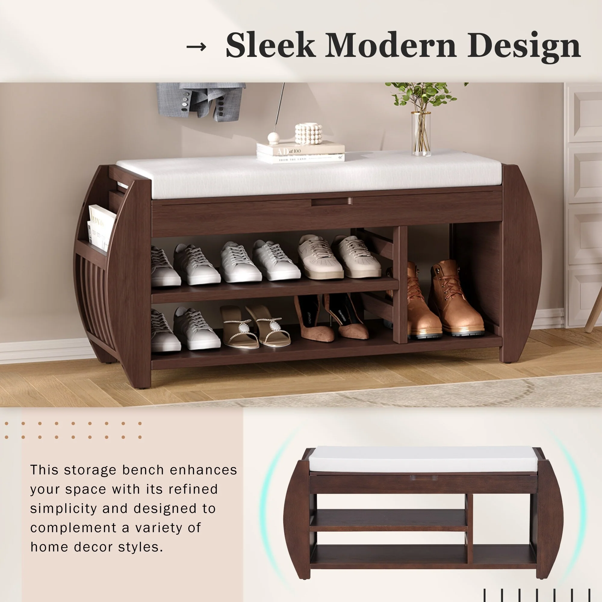 Multifunctional Storage Bench with Cushion and Curved Side Panel for Entrance and Living Room