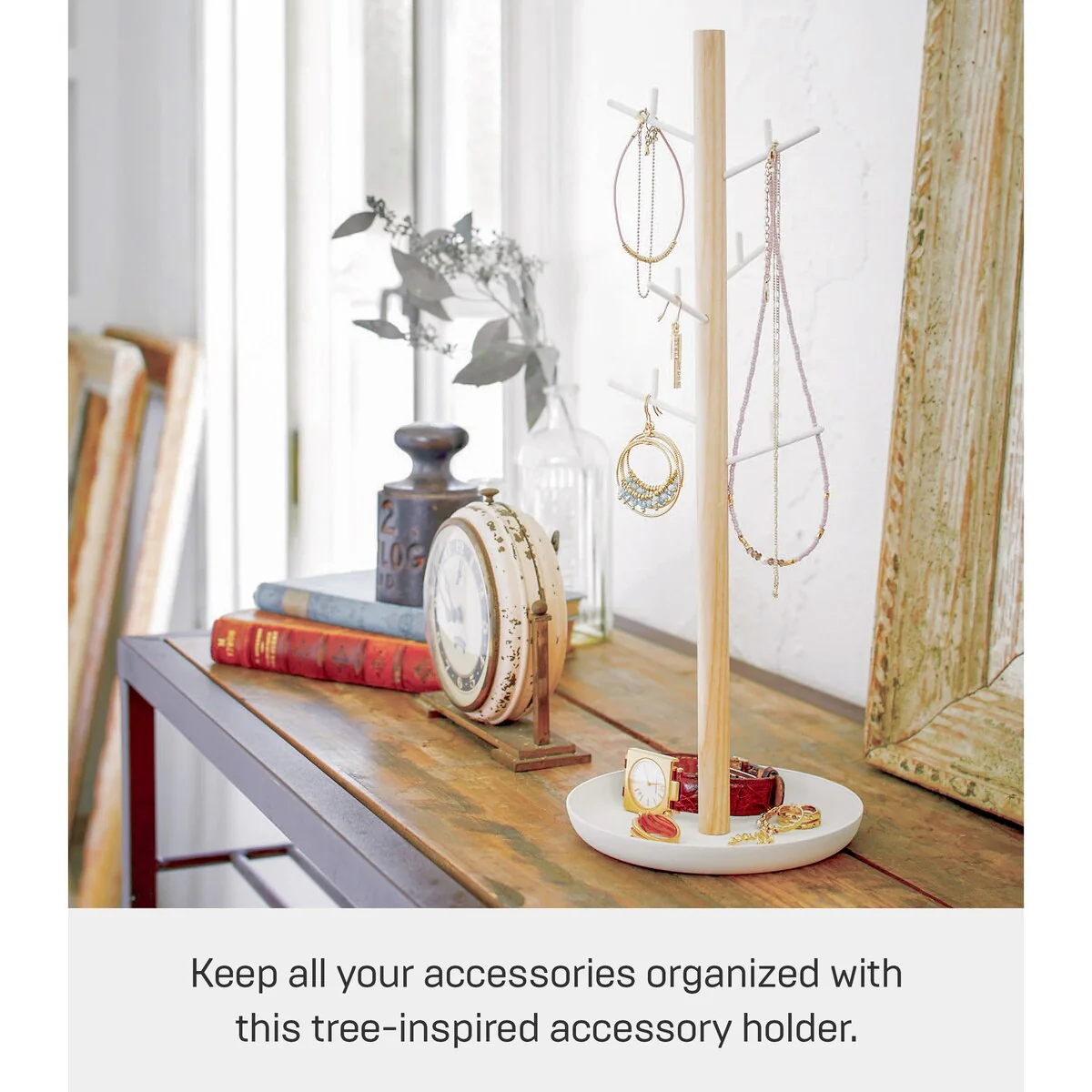 Yamazaki Home Jewelry and Accessory Stand, Steel and Wood - L 5.12 x W 5.12 x H 13.98 inches