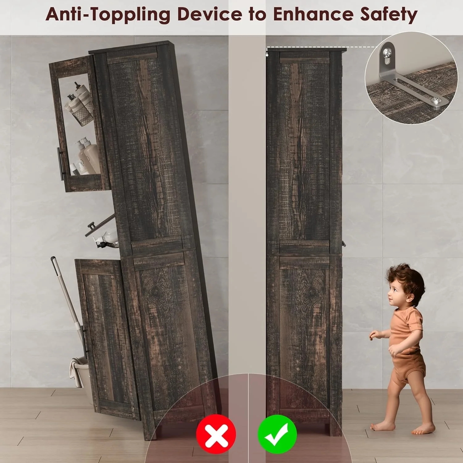 Tall Bathroom Cabinet, Linen Storage Cabinet with Doors and Adjustable Shelves and Drawer