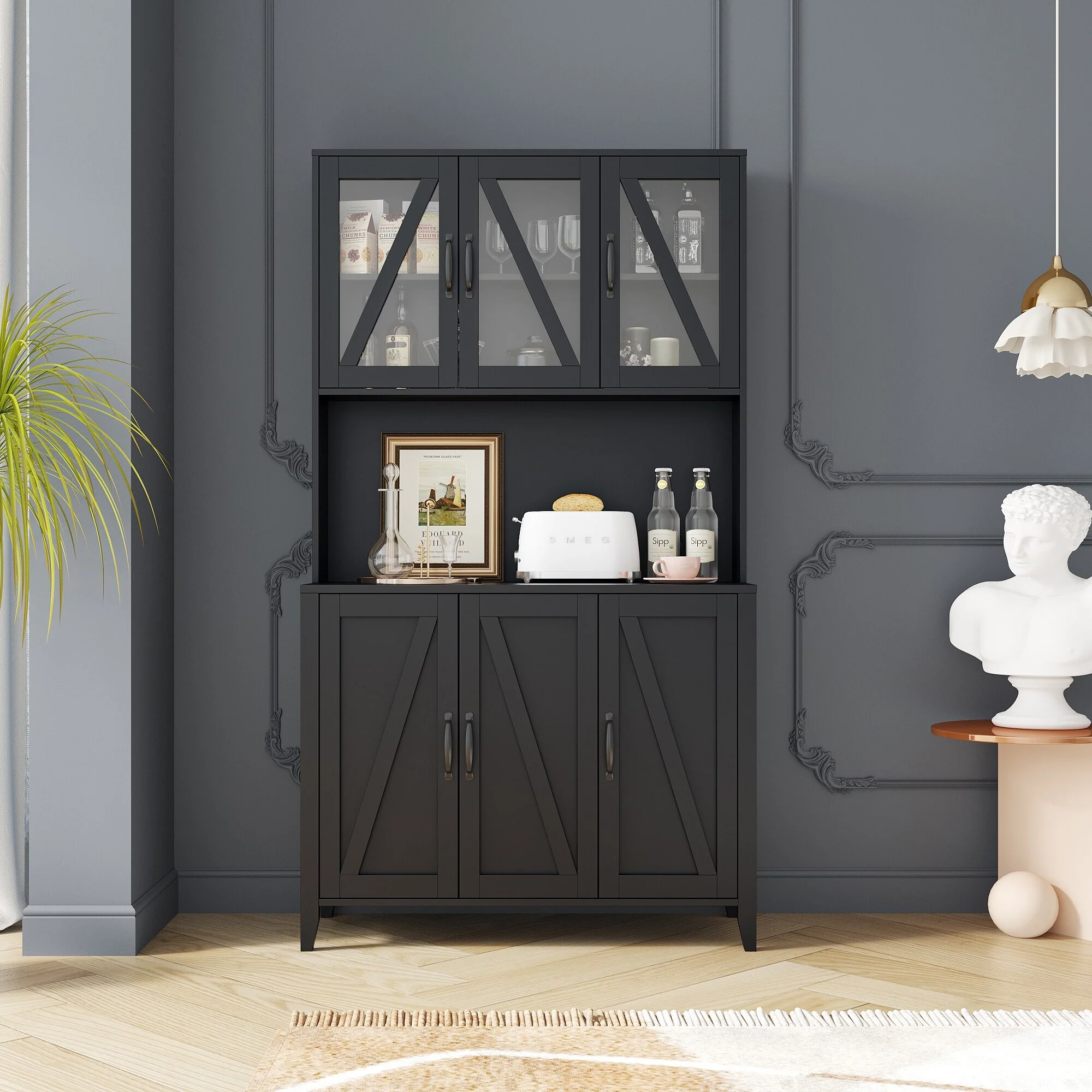 Pantry Storage Cabinet with Glass Doors - N/A