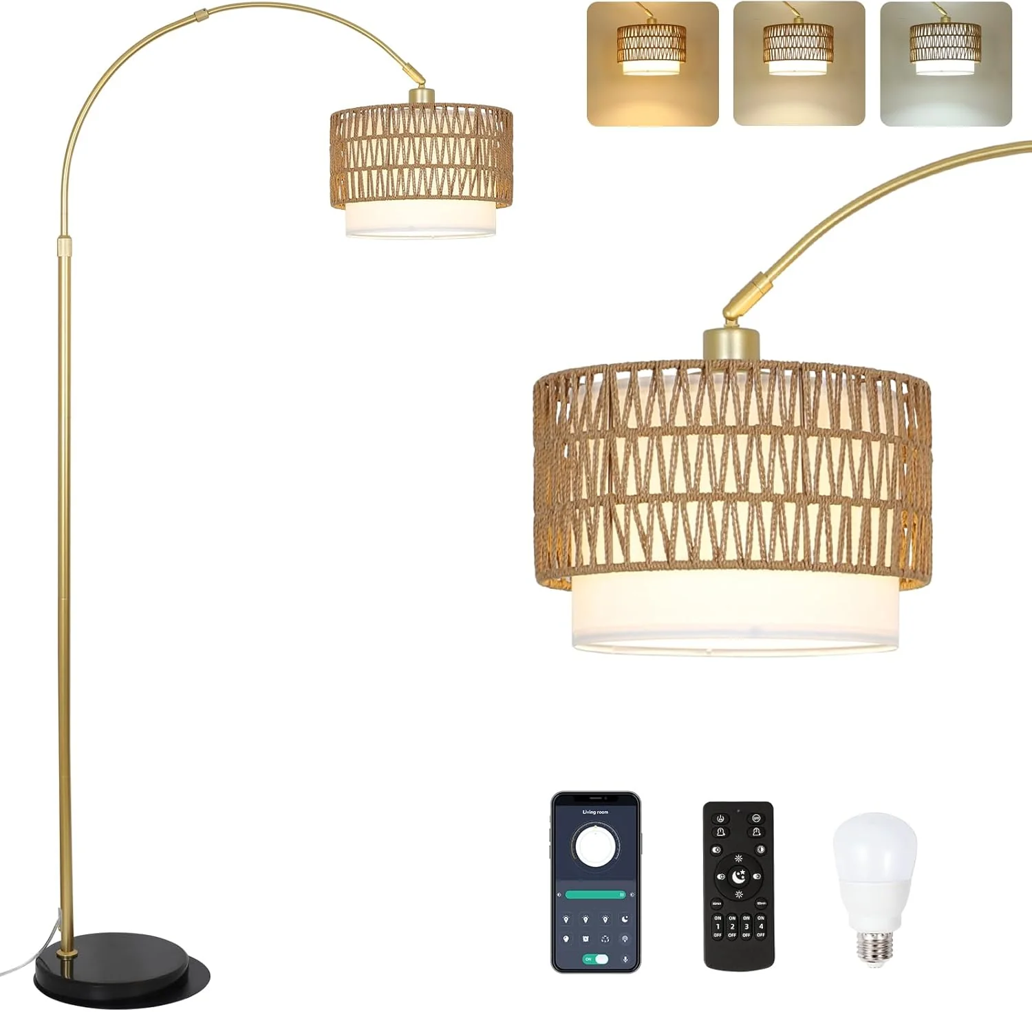 Adjustable Height Arched Floor Lamp with Double Drum Shade and 3 Color Temperatures