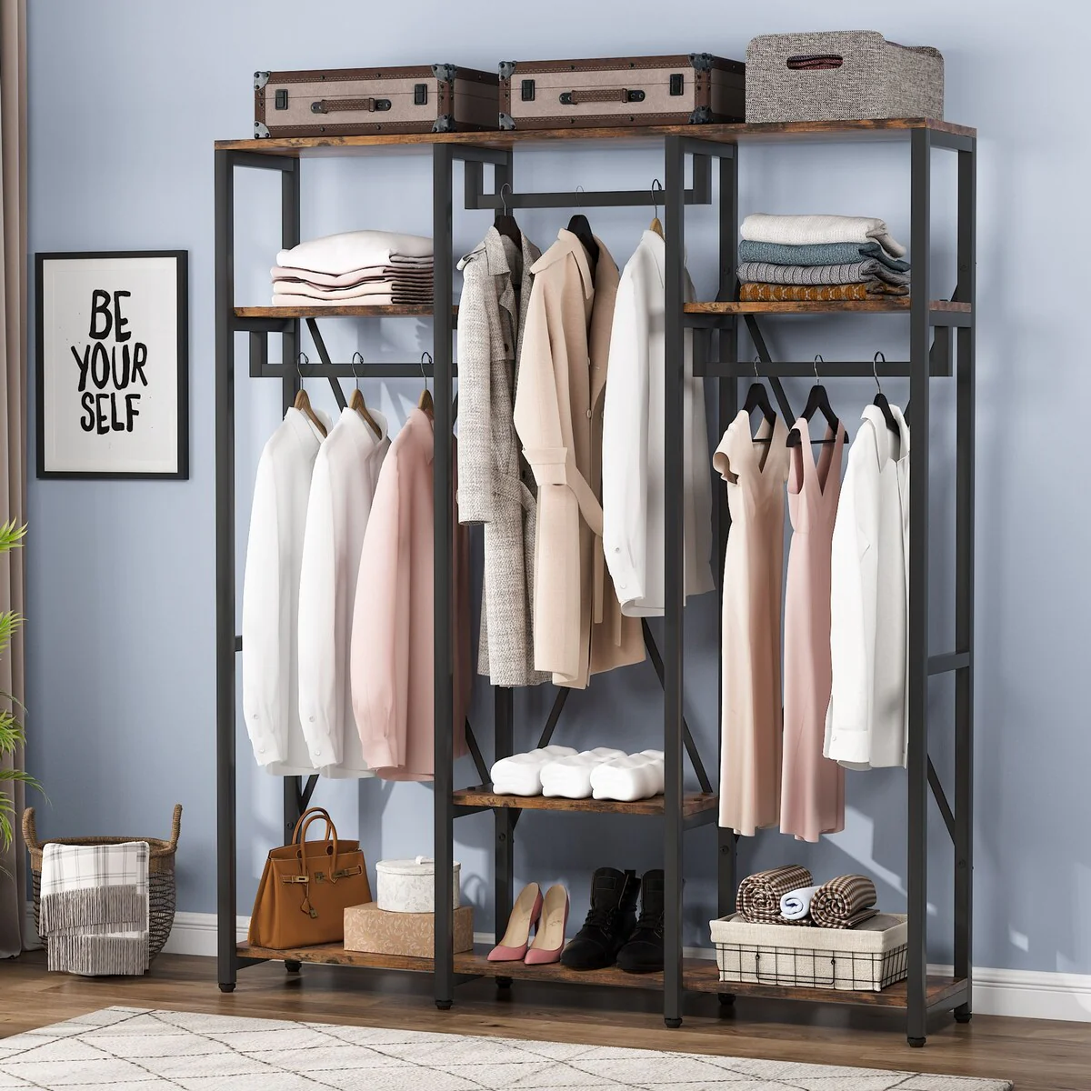 Freestanding Garment Rack, Heavy Duty Closet Organizer Systems with Shelves