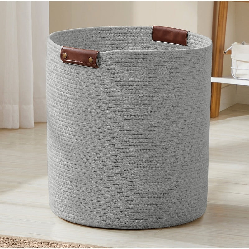 Large Cotton Rope Storage Basket Laundry Hamper Woven Basket with Leather Handles -16 x 18 - 16