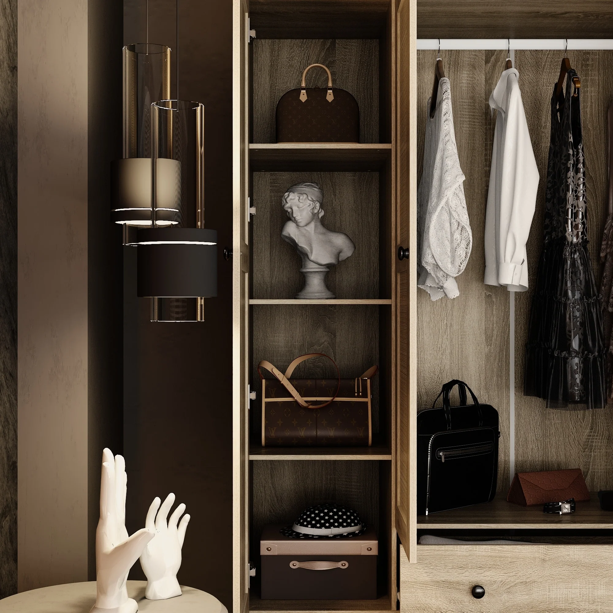 Large Storage Wardrobe Versatile Rattan Door Closet with Deep Drawers
