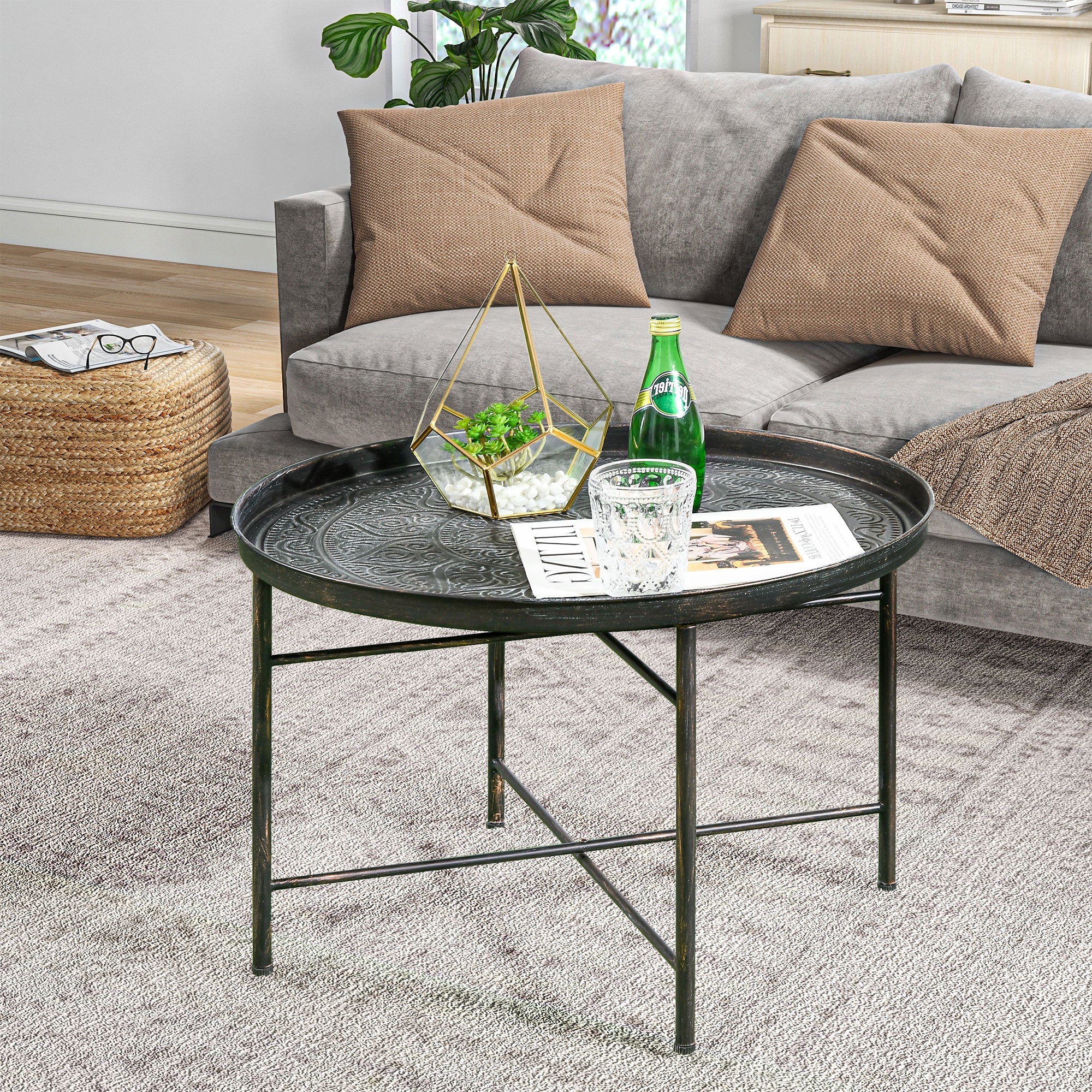 Round Coffee Table with Hammered Tray Top