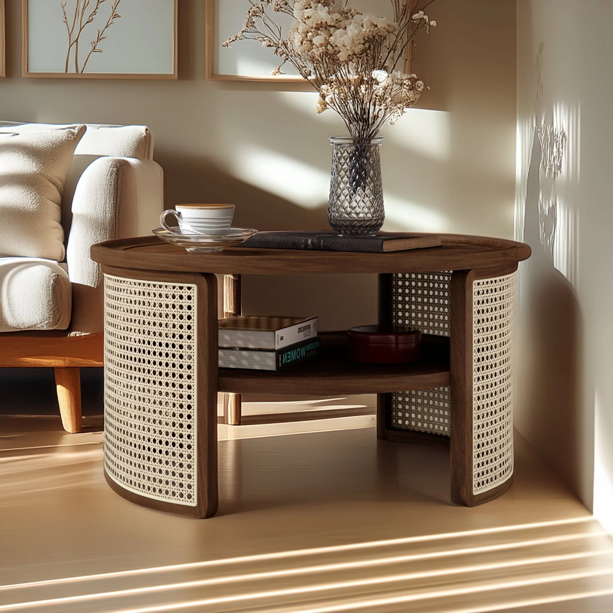 Wintered 2-Tiered Coffee Table with Rattan Base and Curved Edge Design