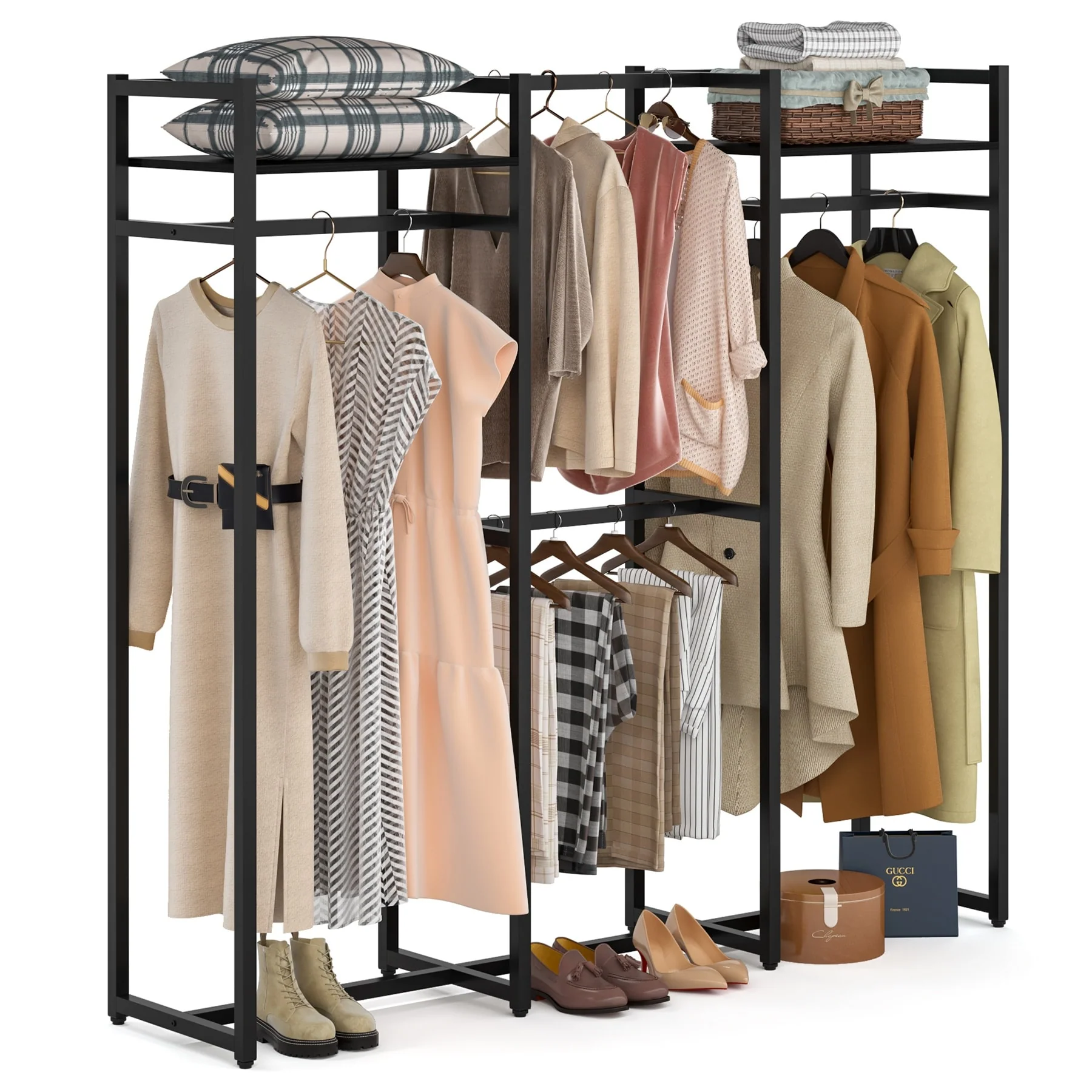 Free Standing Closet Organizer with Hanging Rods, Garment Rack Heavy Duty Clothes Rack with Storage Shelves, Max Load 500LBS