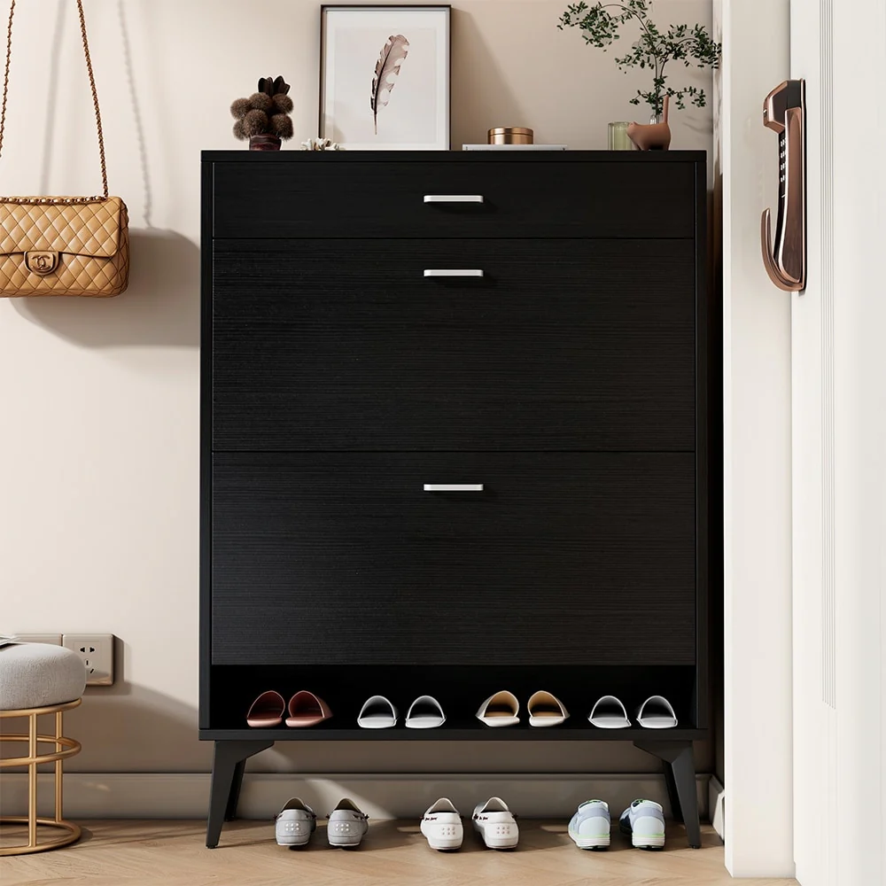 3-Drawer Wood Shoe Storage Cabinet with Removable Panels & 1 Open Shelf