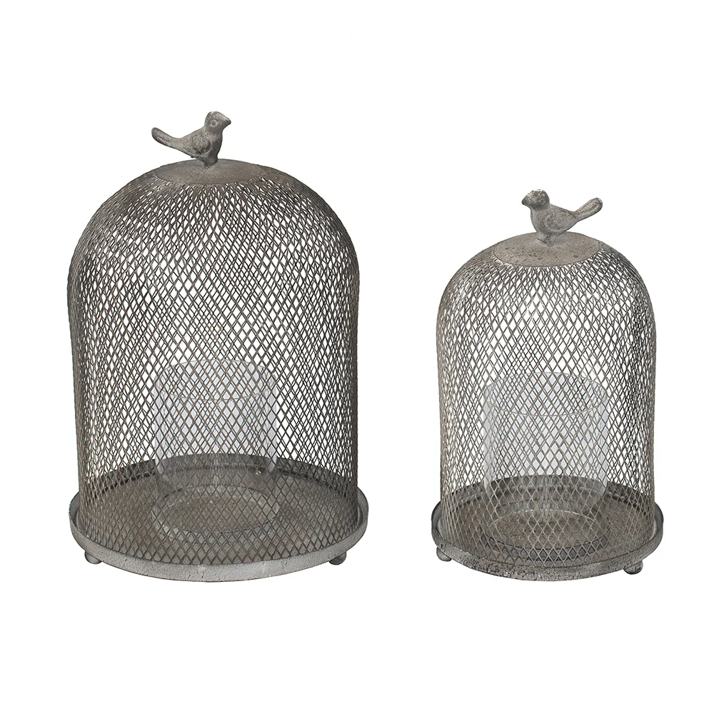 Candle Holder with a Bird Atop Domed Mesh, Set of 2