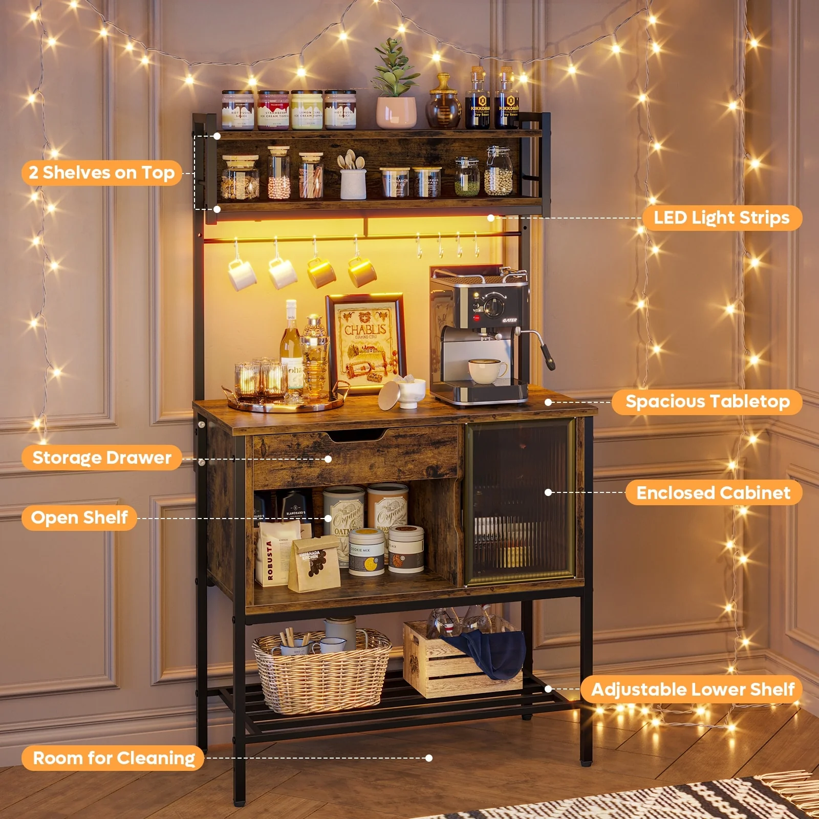 59 Inch LED Bakers rack, Kitchen Baker's Rack With hooks and Adjustable Shelf - 59″H×33.8″W