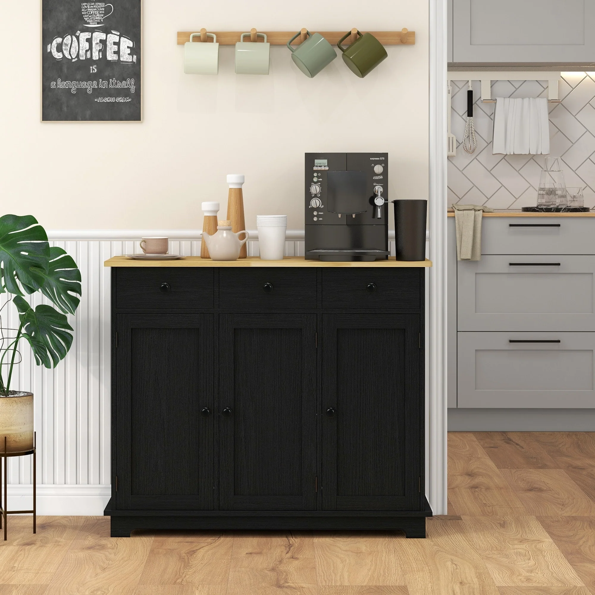 HOMCOM Sideboard with Solid Wood Countertop, Modern Kitchen Storage Cabinet, Coffee Bar Cabinet with 3 Drawers