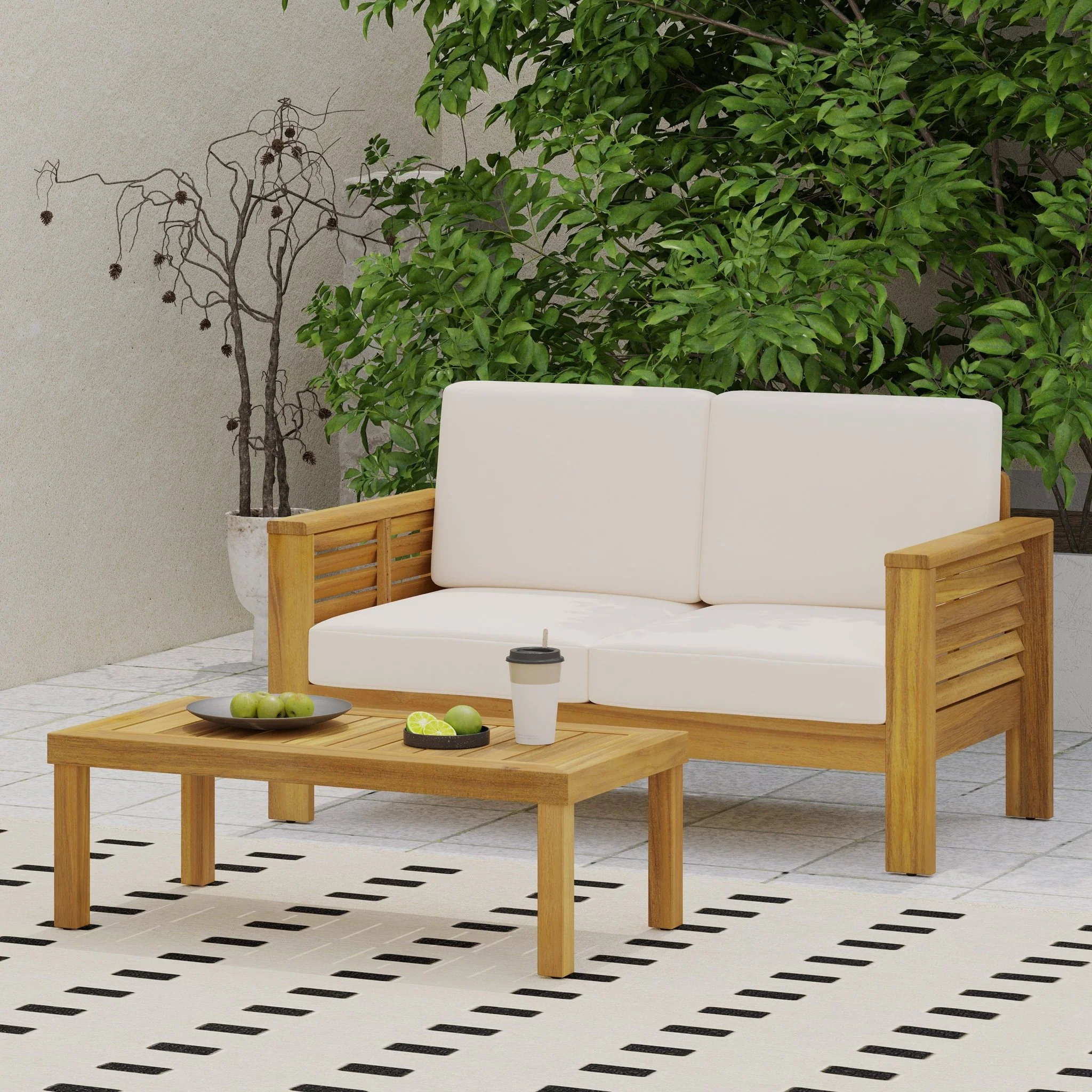 Outdoor Wooden Set with Loveseat, Coffee Table and Water-Resistant Cushions