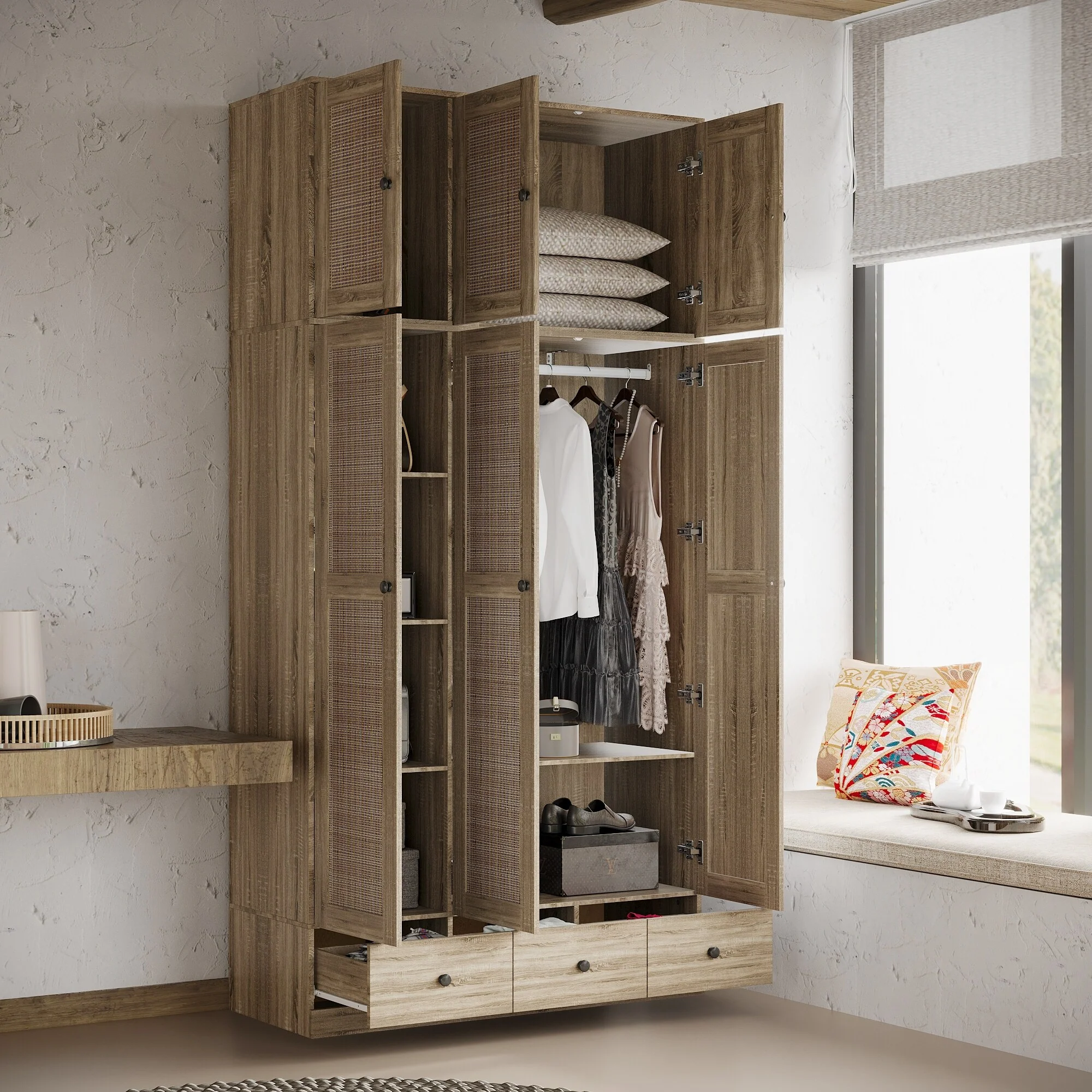 Large Storage Wardrobe Versatile Rattan Door Closet with Deep Drawers