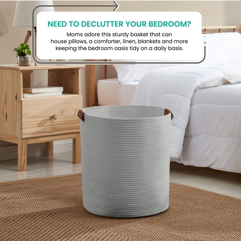 Large Cotton Rope Storage Basket Laundry Hamper Woven Basket with Leather Handles -16 x 18 - 16