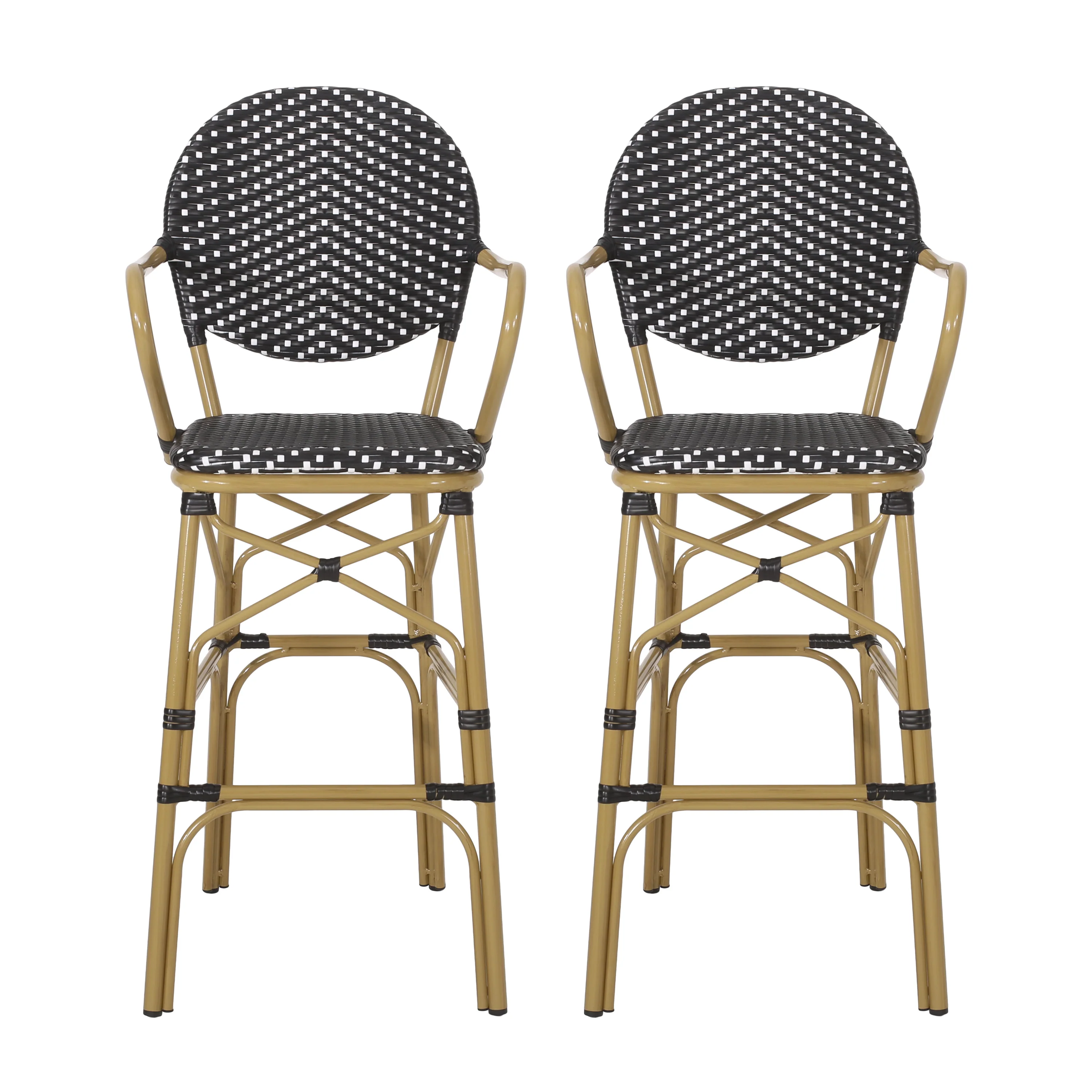Valorous Outdoor Wicker Bar Stool with Round Back and Curved Arms, Set of 2