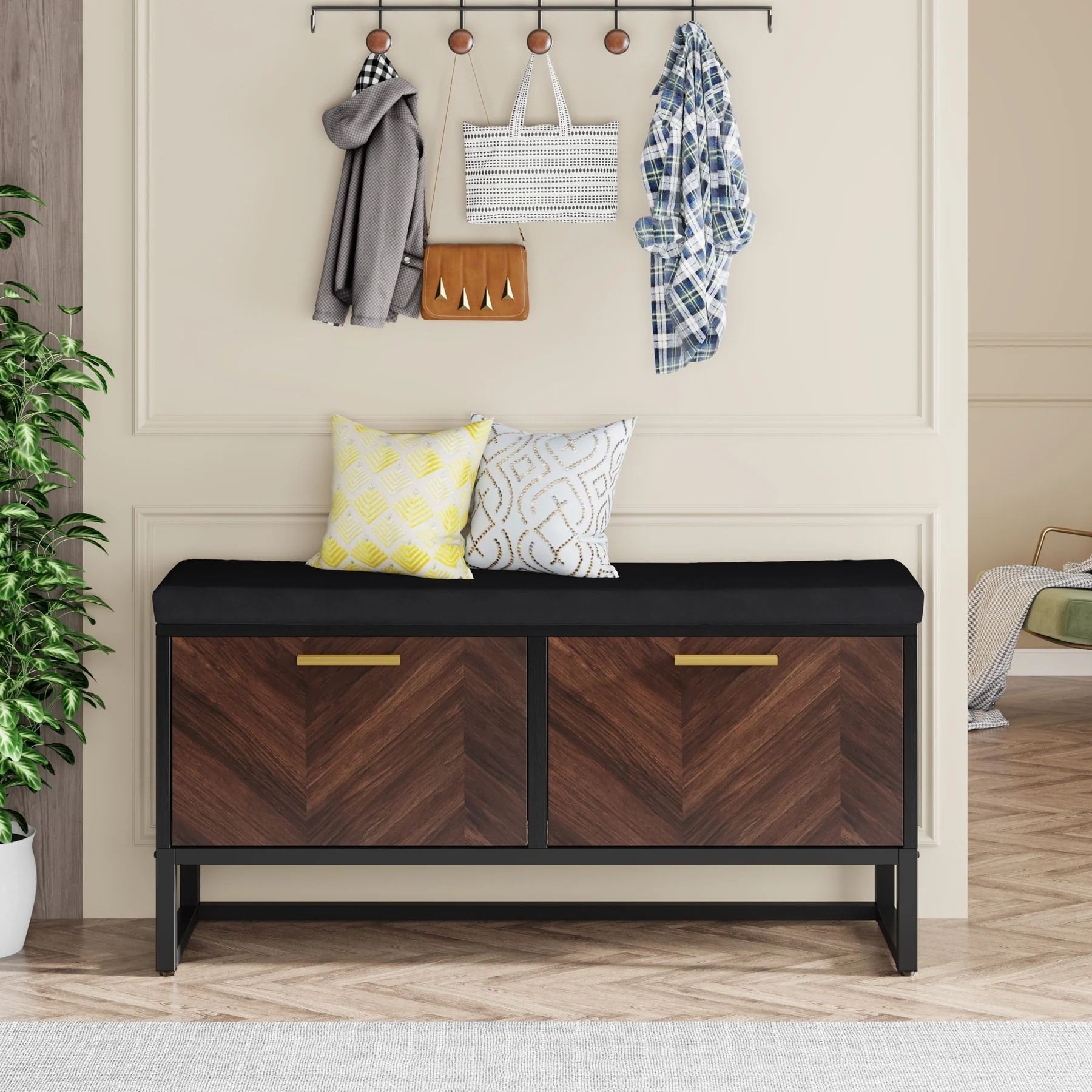 Shoe Storage Bench with Cushion, Entryway Shoe Bench with 2 Flip Drawers