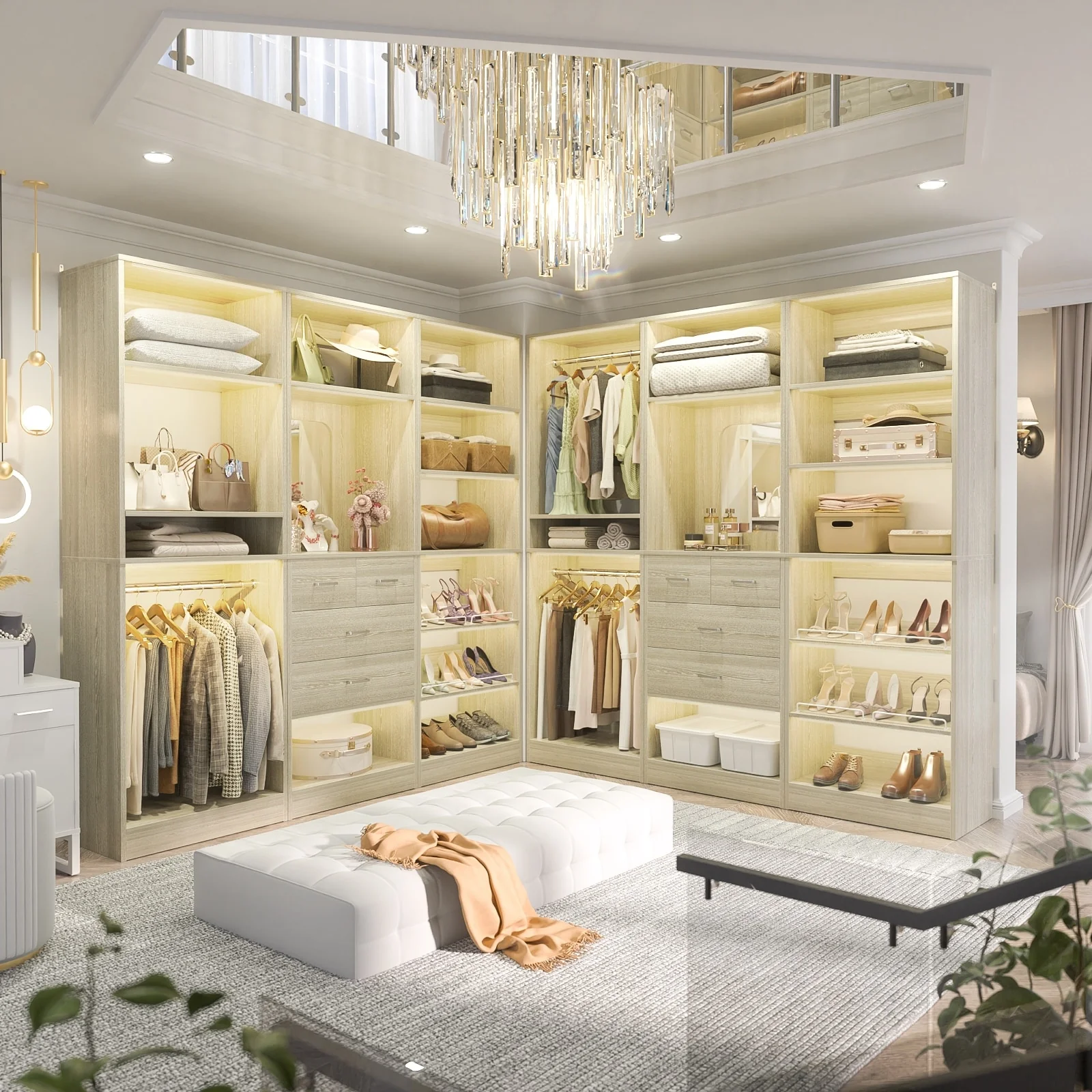 Cimly Set of 3 Freestanding Closet System with Drawers and Shoe Racks, 75'' Closet Organizer with Hanging Rods and Mirror