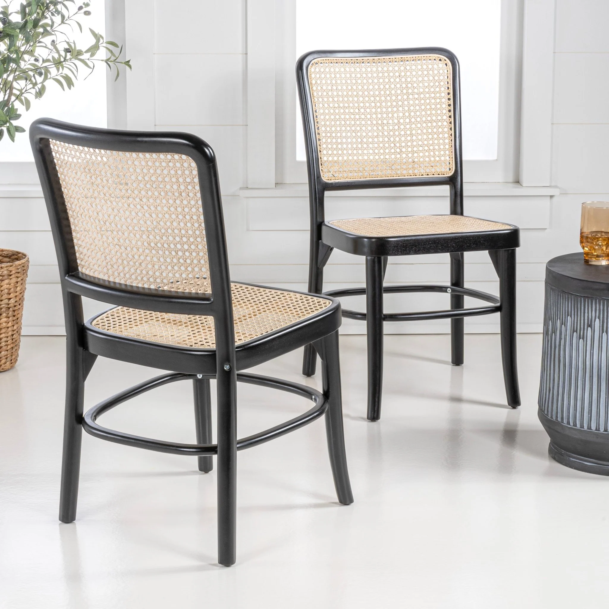 Colmar Mid-Century Vintage Wood Rattan Dining Chair, Black/Natural (Set of 2)