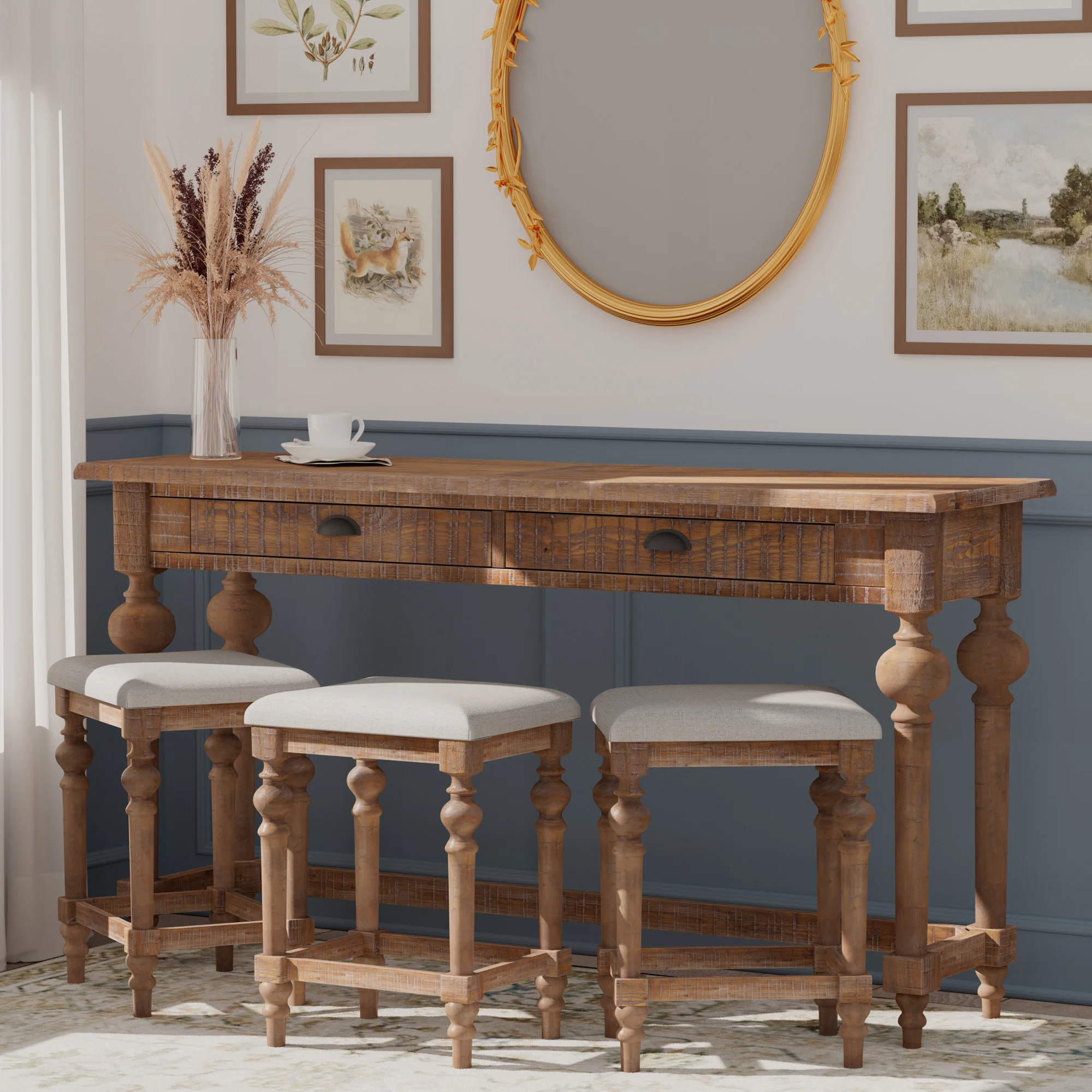 4-Piece Console Table with 3 Stools, 2 Drawers and Turned Legs