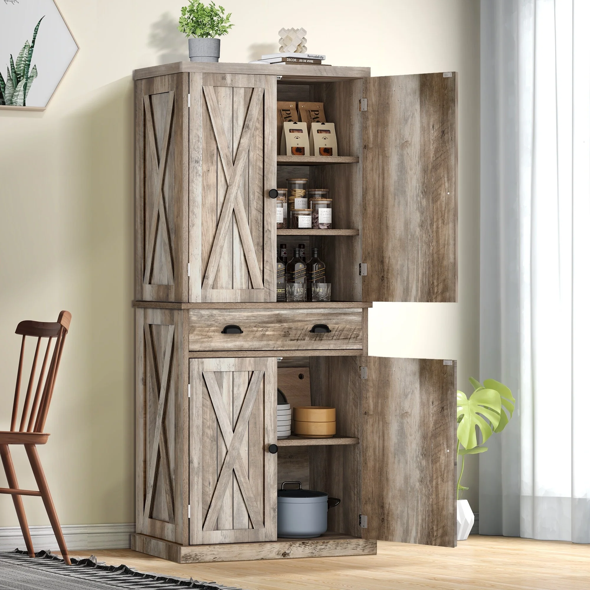 Moasis Farmhouse Traditional Freestanding Kitchen Pantry Storage Cabinet Cupboard