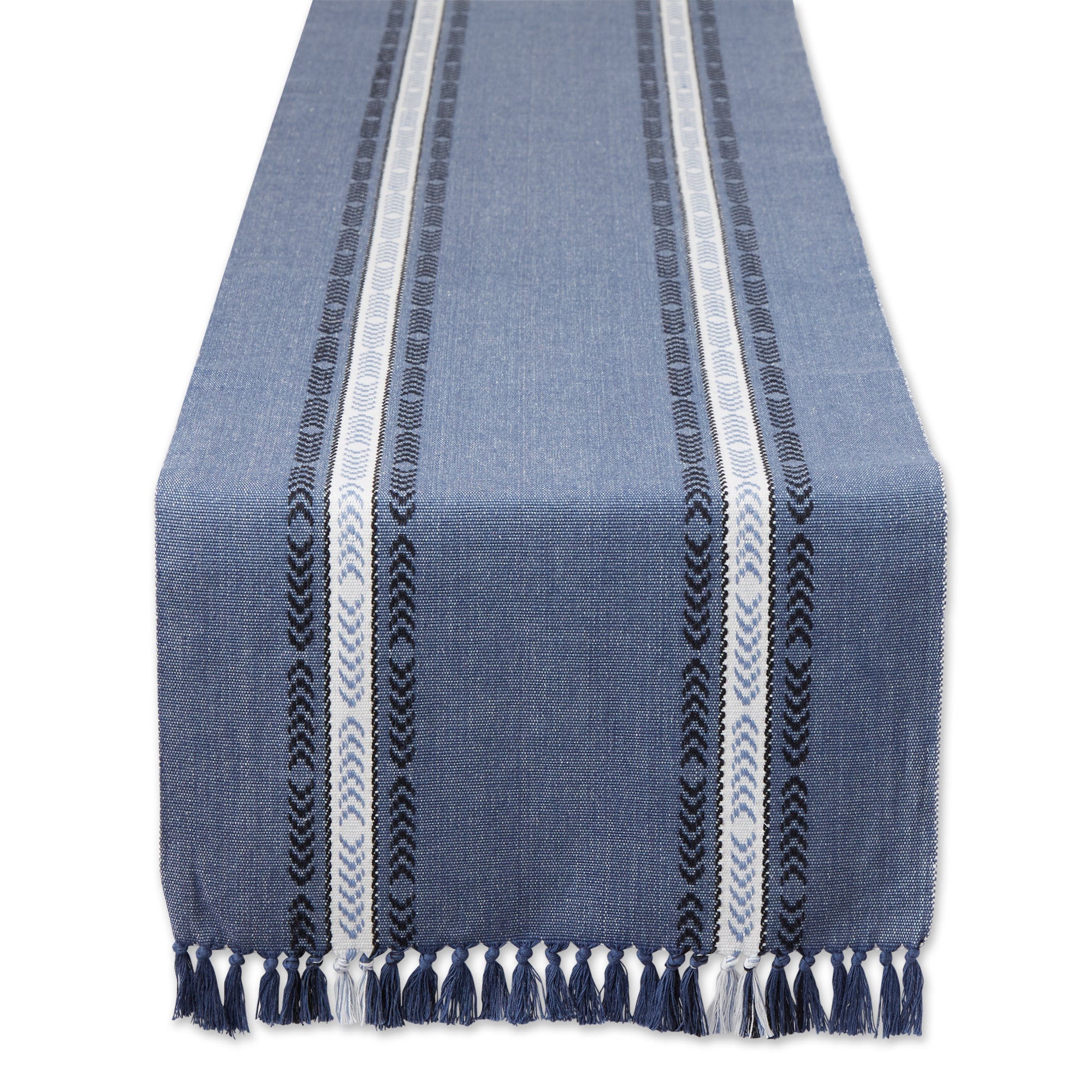 French Blue Dobby Striped Fringe Ribbed 14X72 Table Runner