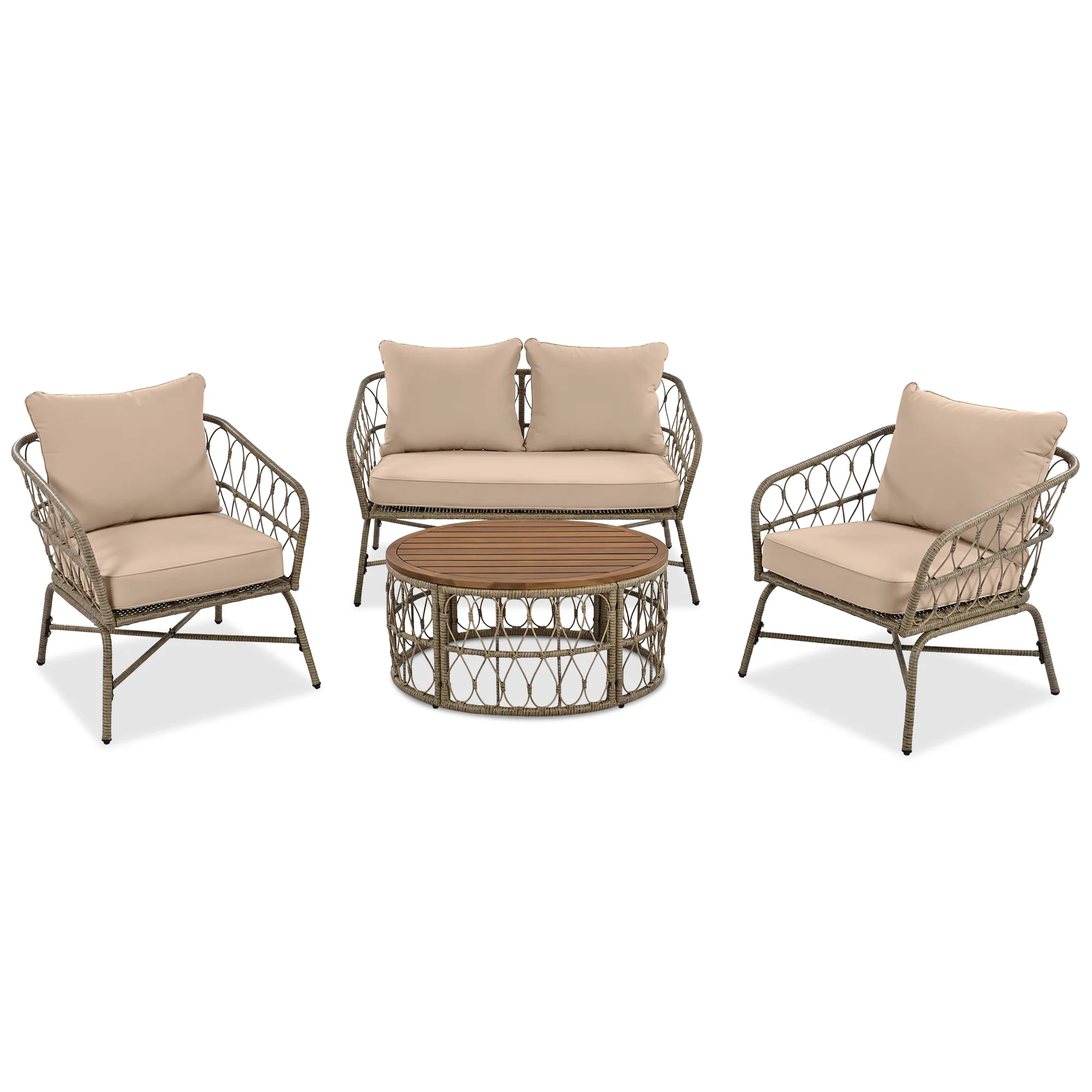 4-Piece Outdoor Sofa Set with Woven Wicker Design and Wood Table Top