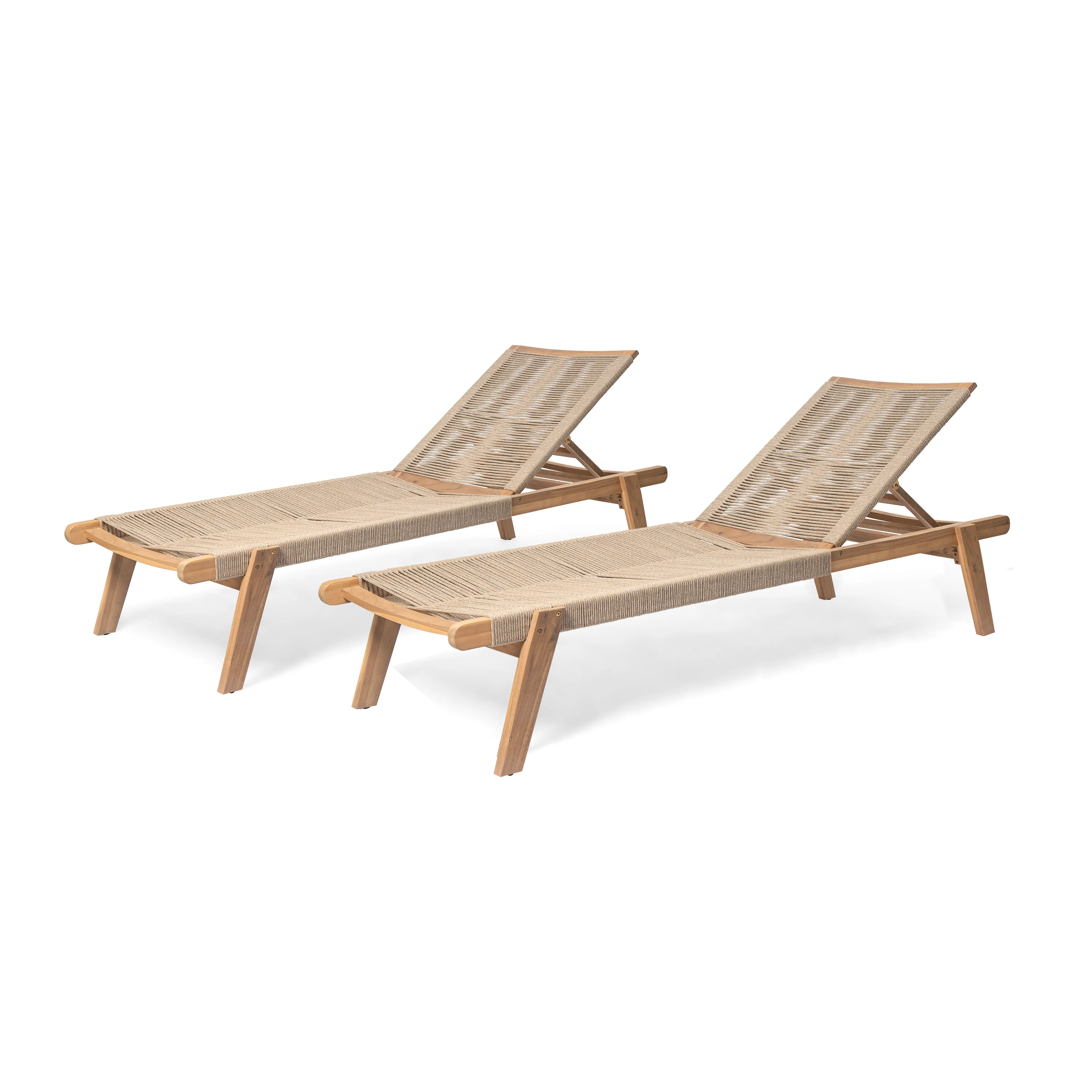 Outdoor Rope Chaise Lounge with Adjustable Seating and Wooden Frame, Set of 2