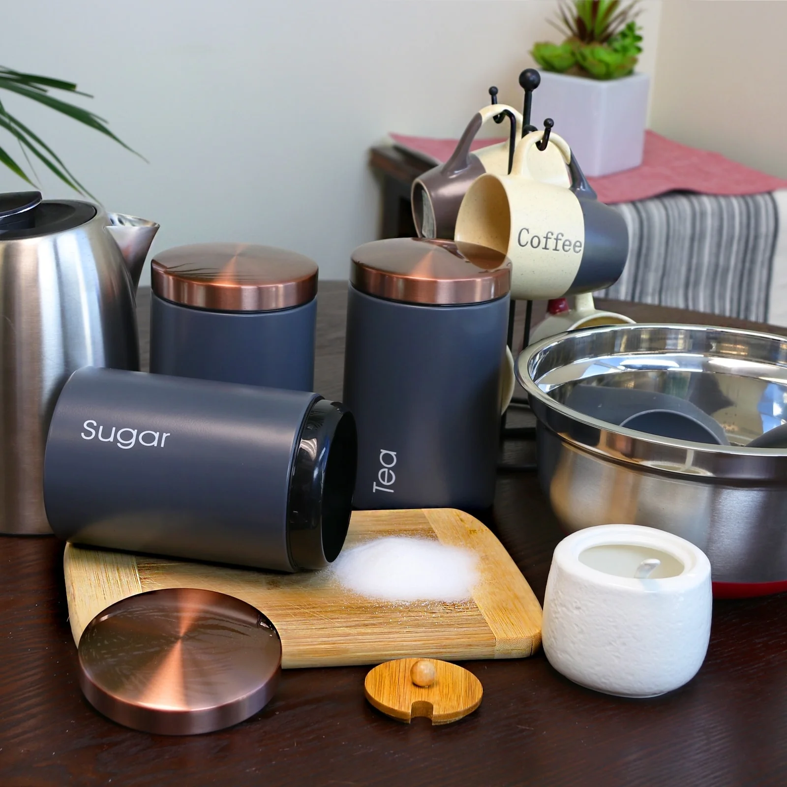 Modern Home Sugar, Coffee and Tea Can Storage Set with Lids in Charcoal Gray