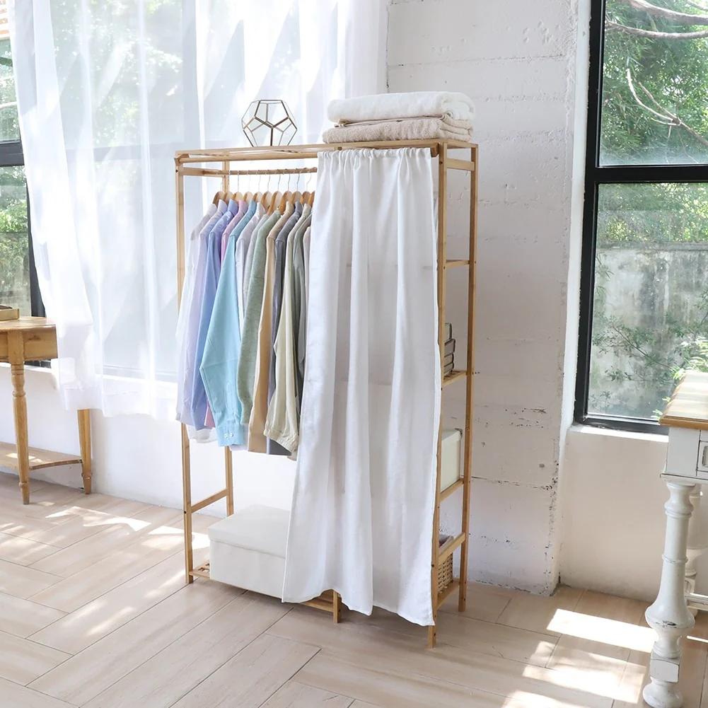 Bamboo Clothes Rack Garment Storage Shelf with Shelves Hanging Cover