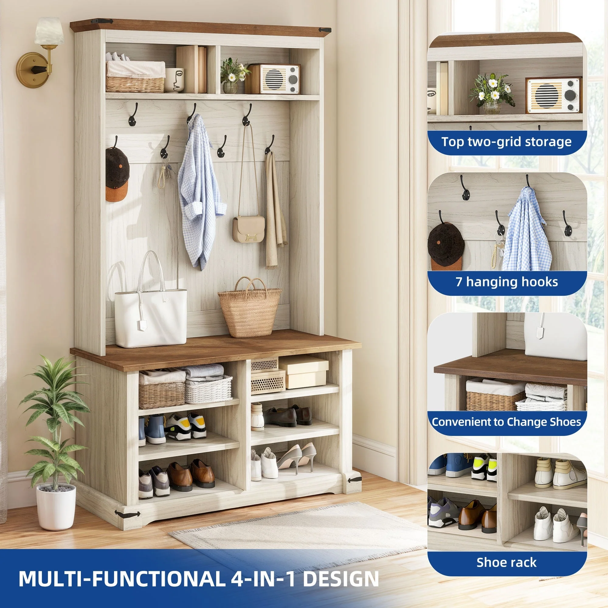 Moasis Farmhouse Hall Tree with Bench and Shoe Storage with 10 Hooks for Entryway
