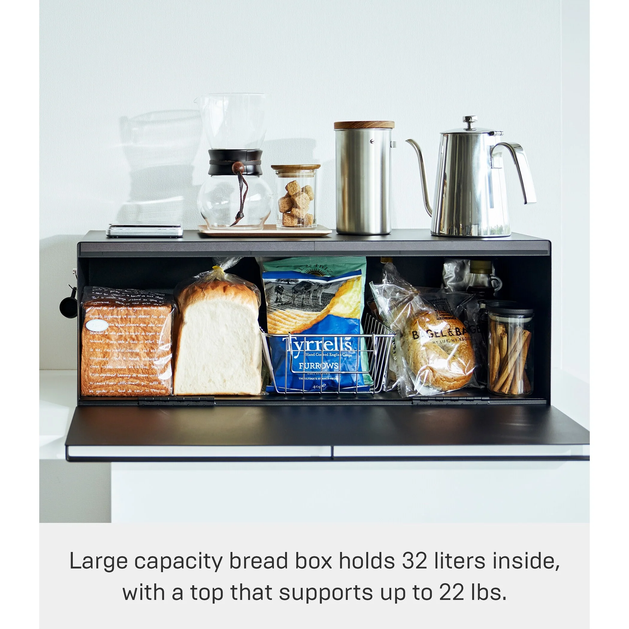 Yamazaki Home Bread Box - Wide, Steel, 32L, Holds 22 lbs - L 11.81 x W 24.49 x H 8.66 inches