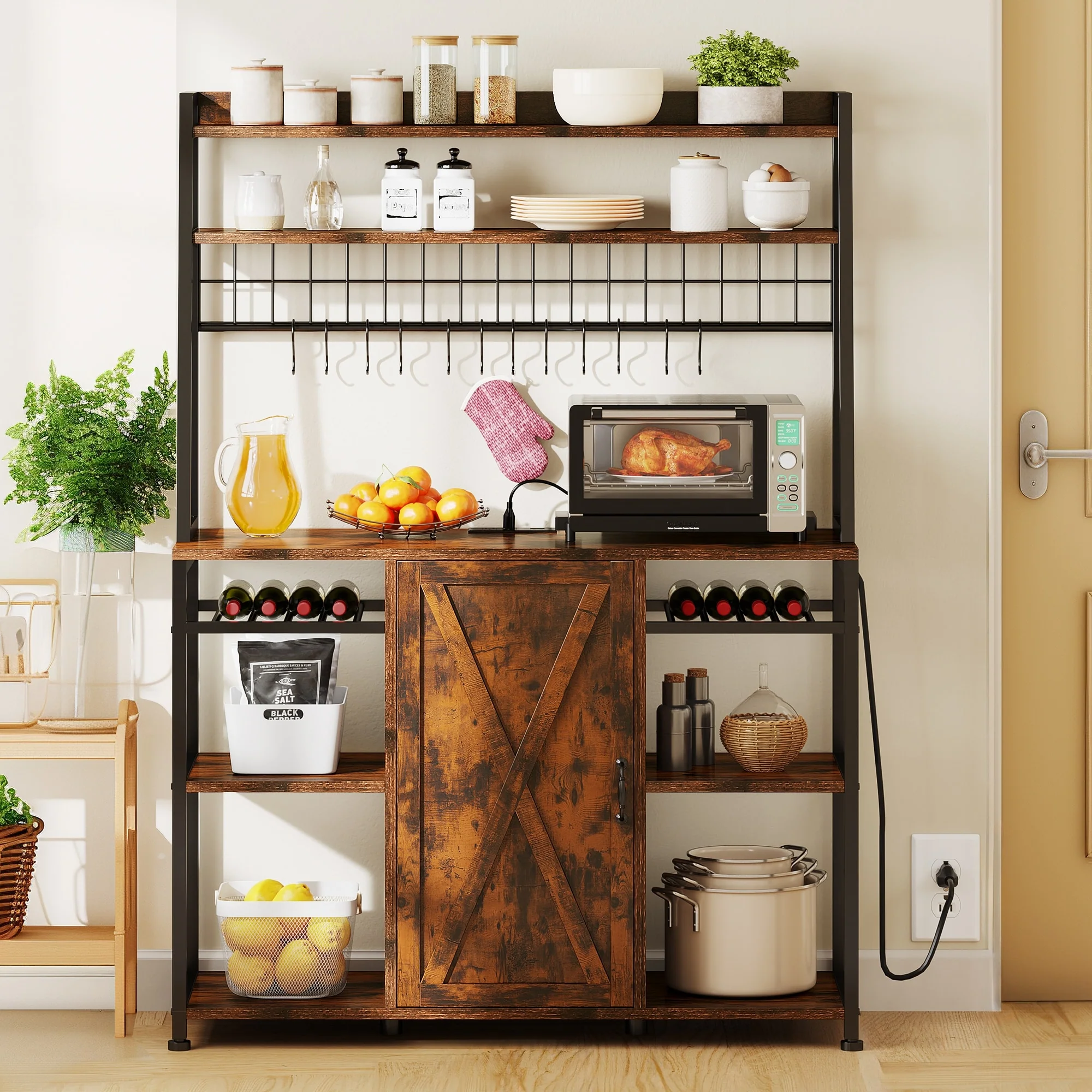 Moasis 5-Tier Kitchen Bakers Rack with Power Outlets USB Ports, Microwave Stand with Door and Shelves