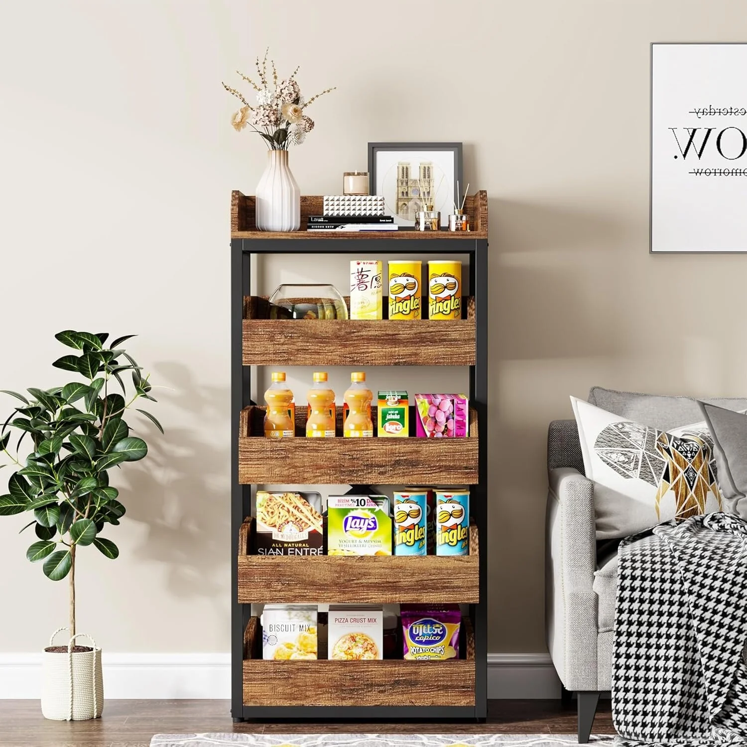 23.6'' W Fruit and Vegetable Wood Storage Rack, 5-Tier Pull-Out Snack Stand Fruit Basket Stand