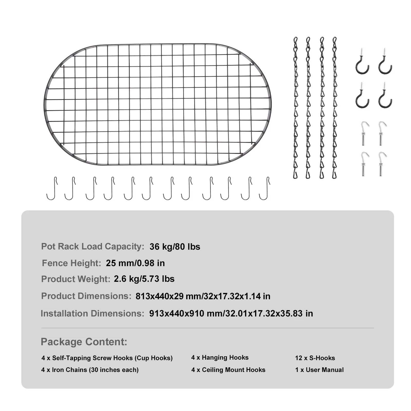 Black Carbon Steel Ceiling Mounted Hanging Pot Rack with S Shaped Hooks Ideal for Home or Restaurant