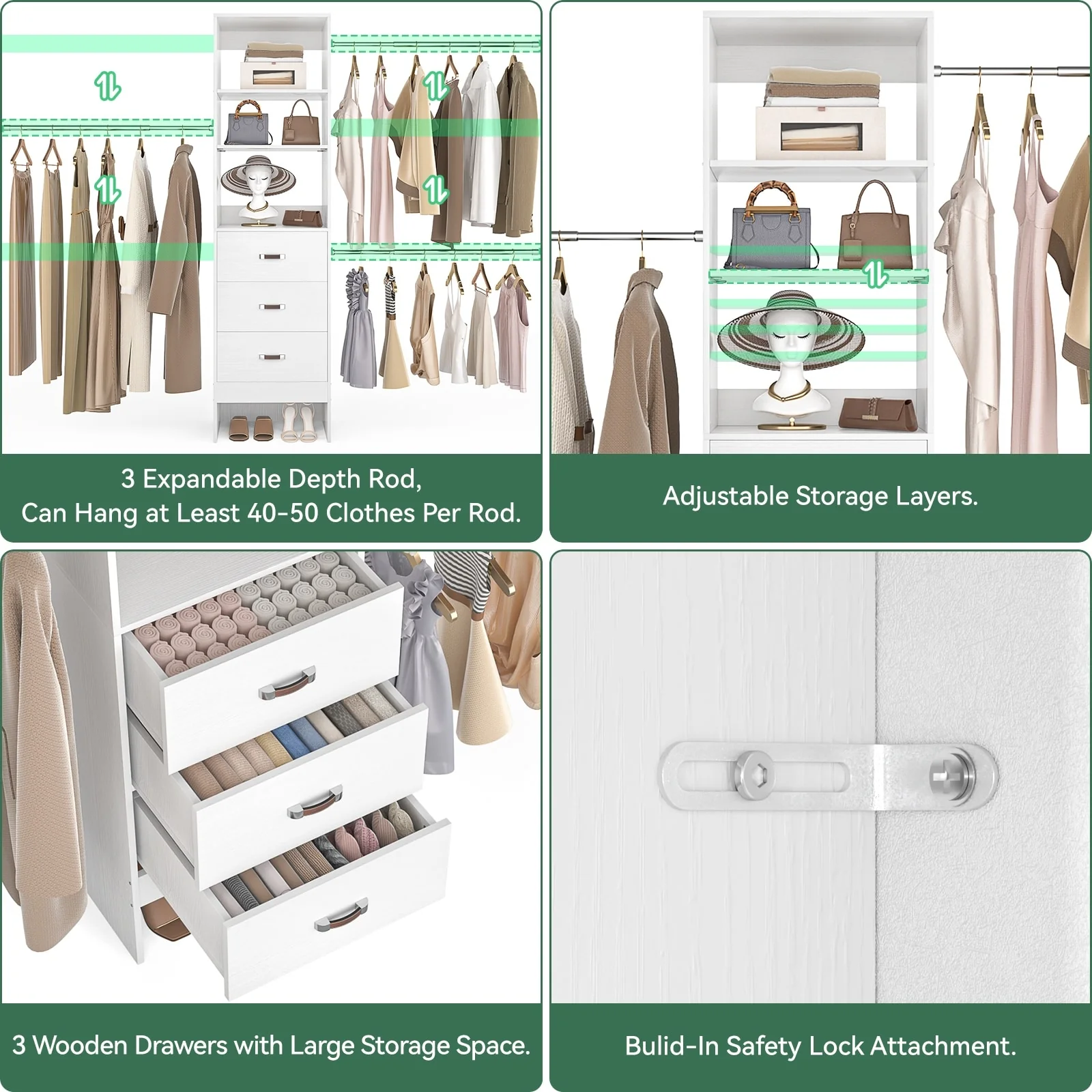 20.2'' - 96'' W Closet Organizer with Drawers, Closet System with Hanging Rods and Adjustable Shelves