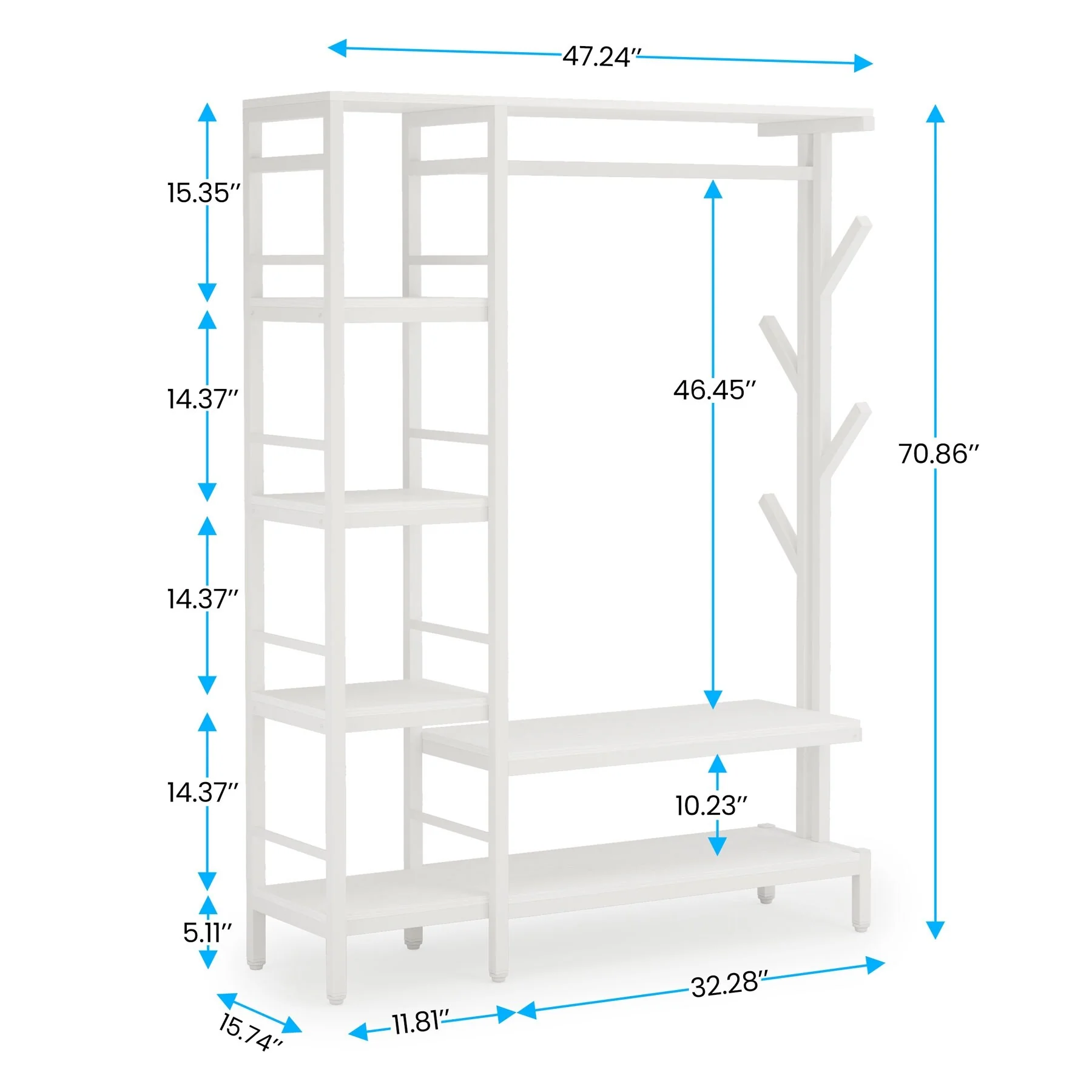 Free-standing Closet Organizer with Hooks, Garment Rack, Coat Rack with Shoe Bench
