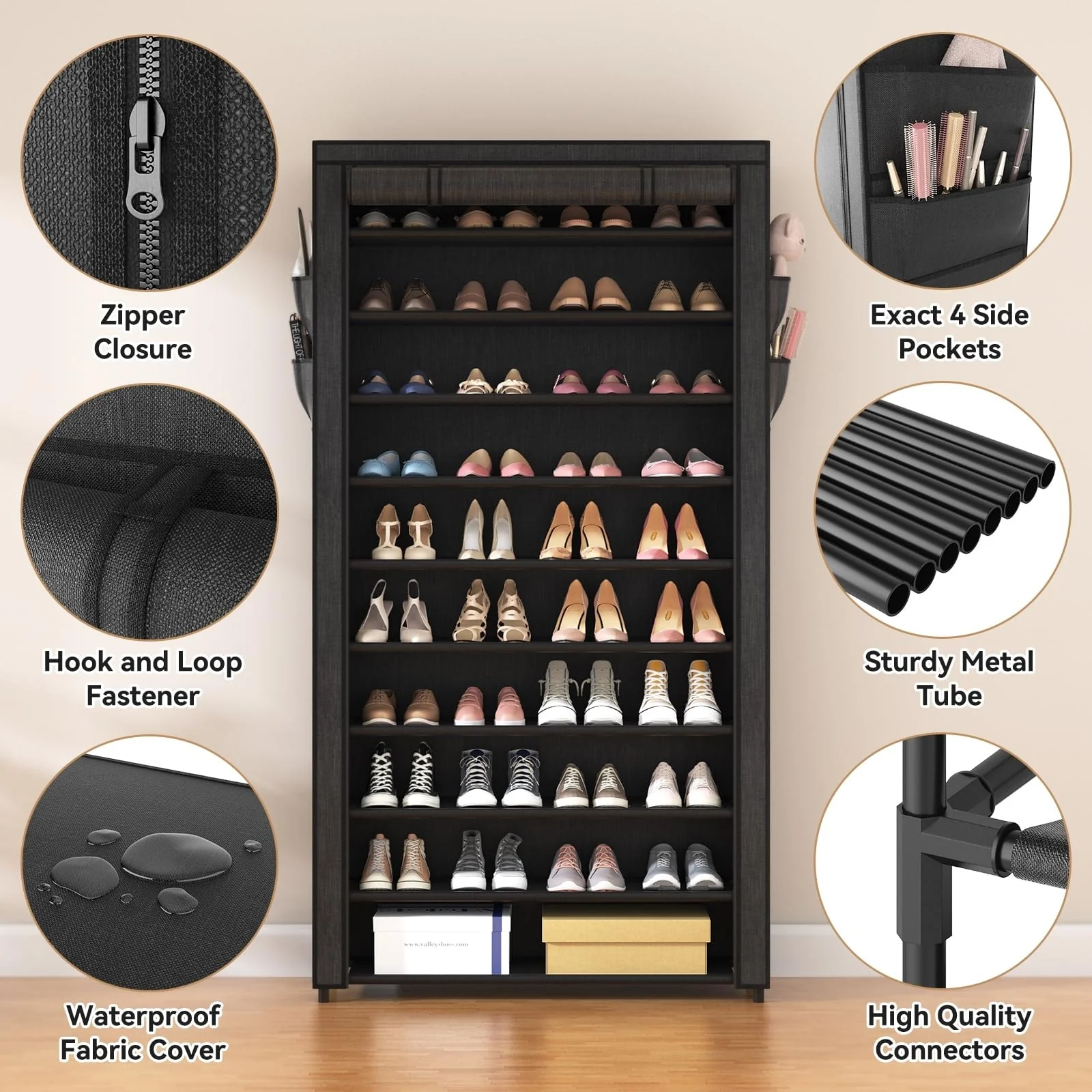 10 Tier Shoe Rack with Covers,Large Capacity Stackable Tall Shoe Shelf Storage to 50-55 Pairs Shoes & Boots Sturdy Metal