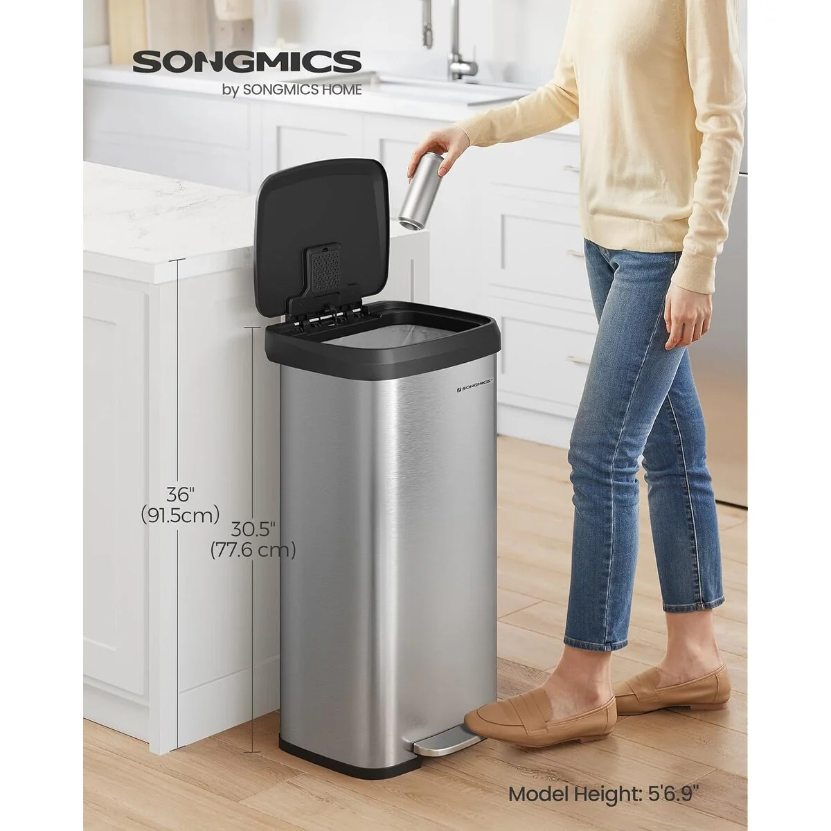 SONGMICS Kitchen Trash Can, 18 Gallon Stainless Steel Garbage Can