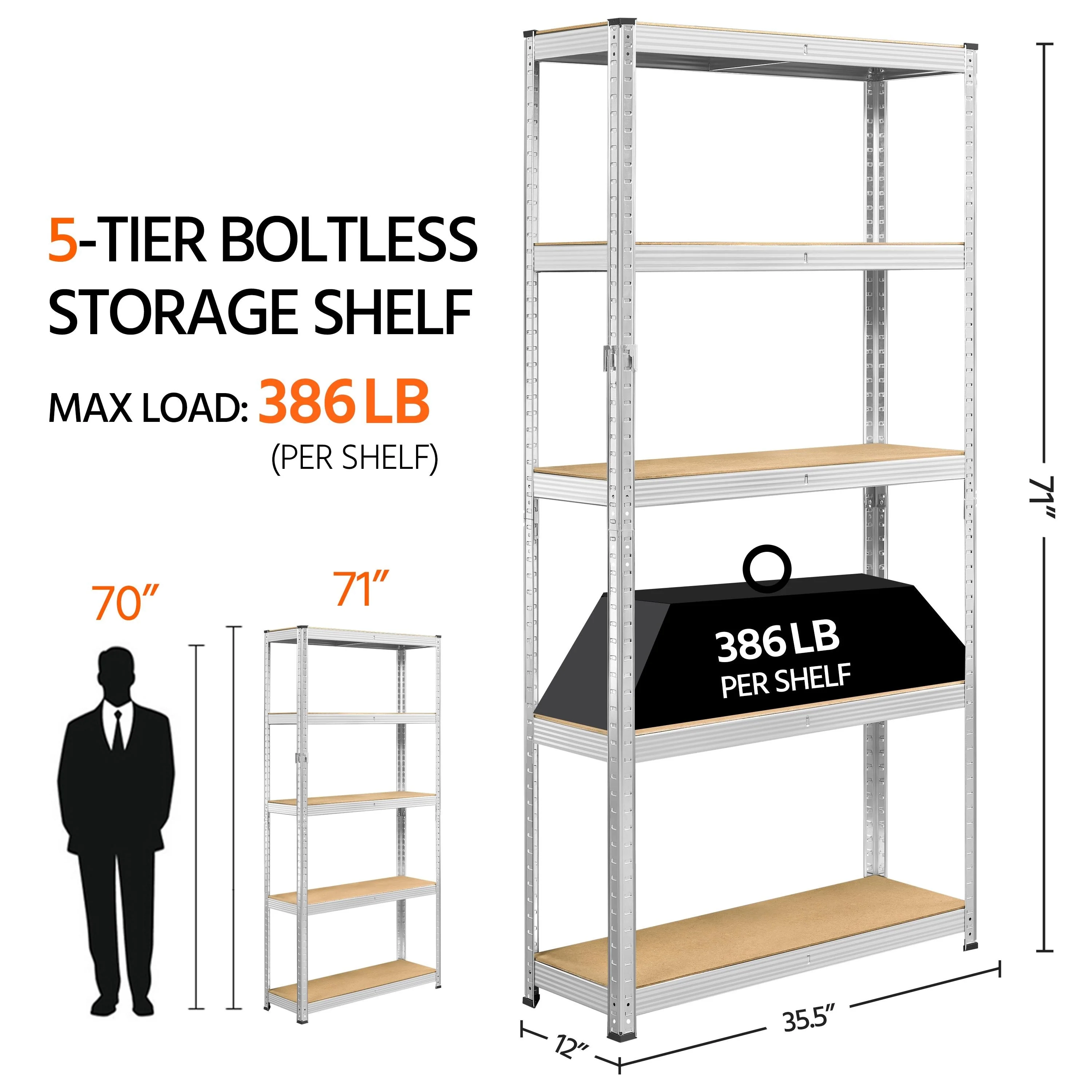 Yaheetech Adjustable 5-Tier Shelf Metal Storage Rack for Home/Office/Garage - 35.5″ L × 12″ W × 71″ H