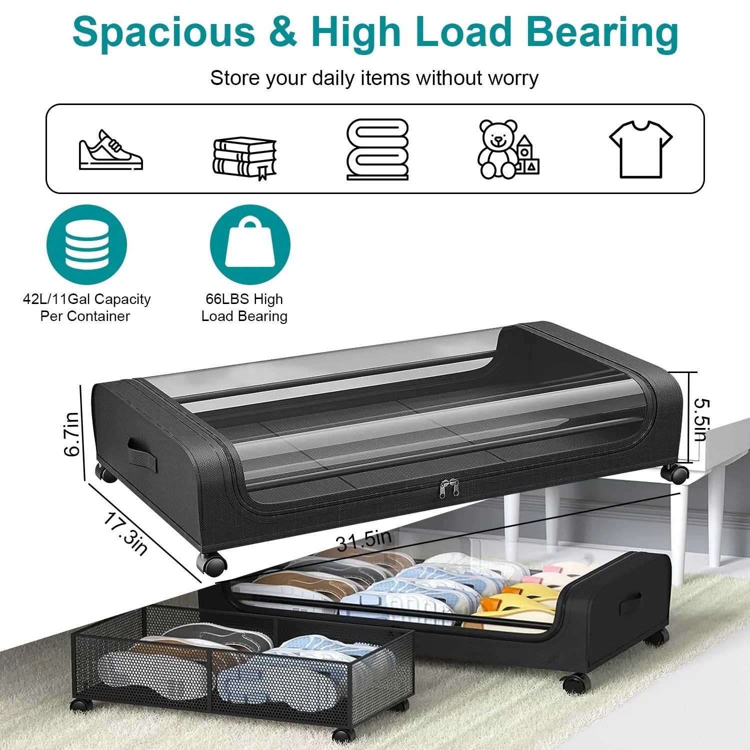 2 Packs Rolling Under Bed Storage Containers