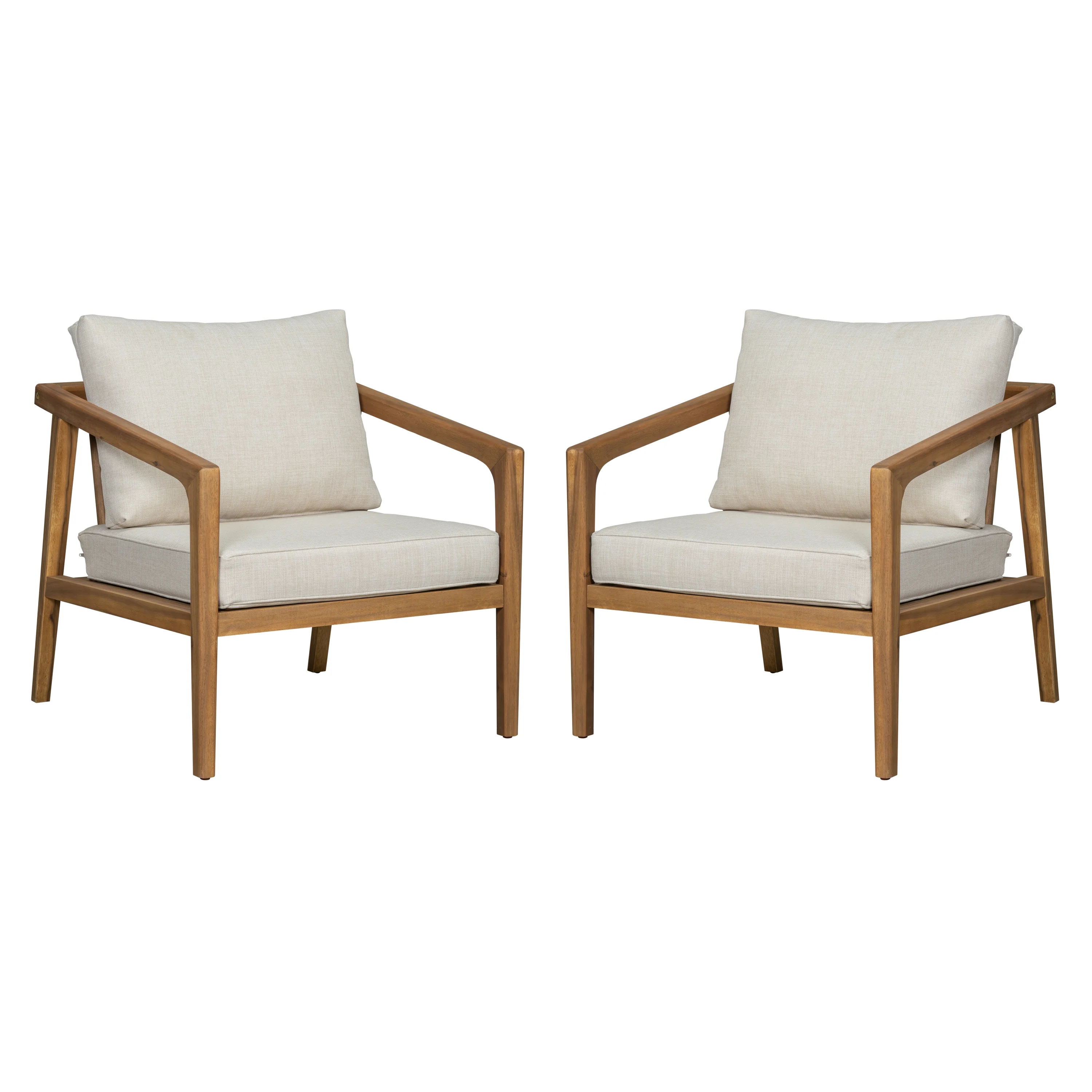 Wondered Outdoor Acacia Wood Club Chair with Slatted Back and Removable Cushions, Set of 2