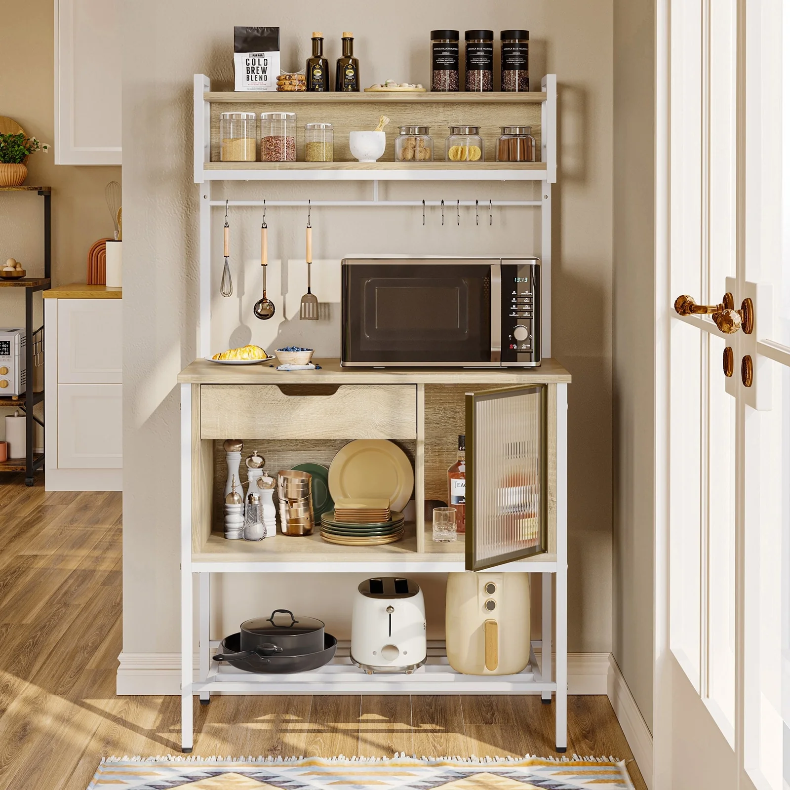 59 Inch LED Bakers rack, Kitchen Baker's Rack With hooks and Adjustable Shelf - 59″H×33.8″W