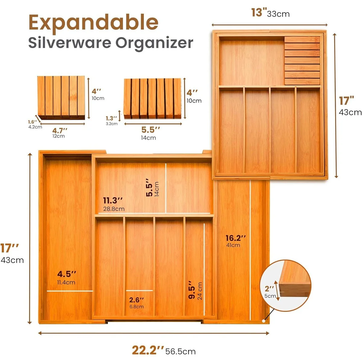 Utensil Organizer - Bamboo Expandable Silverware Organizer, Utensil Holder & Cutlery Tray with Divider and Removable Knife Block