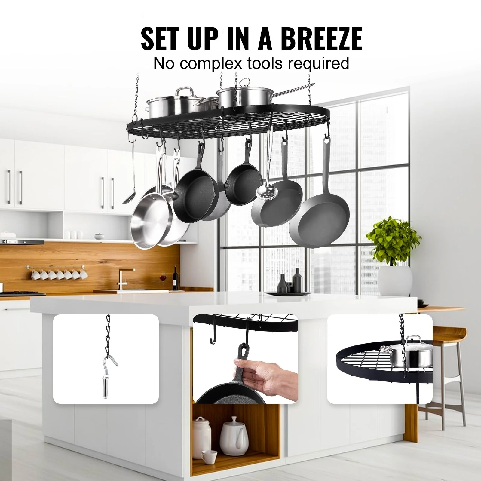 Black Carbon Steel Ceiling Mounted Hanging Pot Rack with S Shaped Hooks Ideal for Home or Restaurant