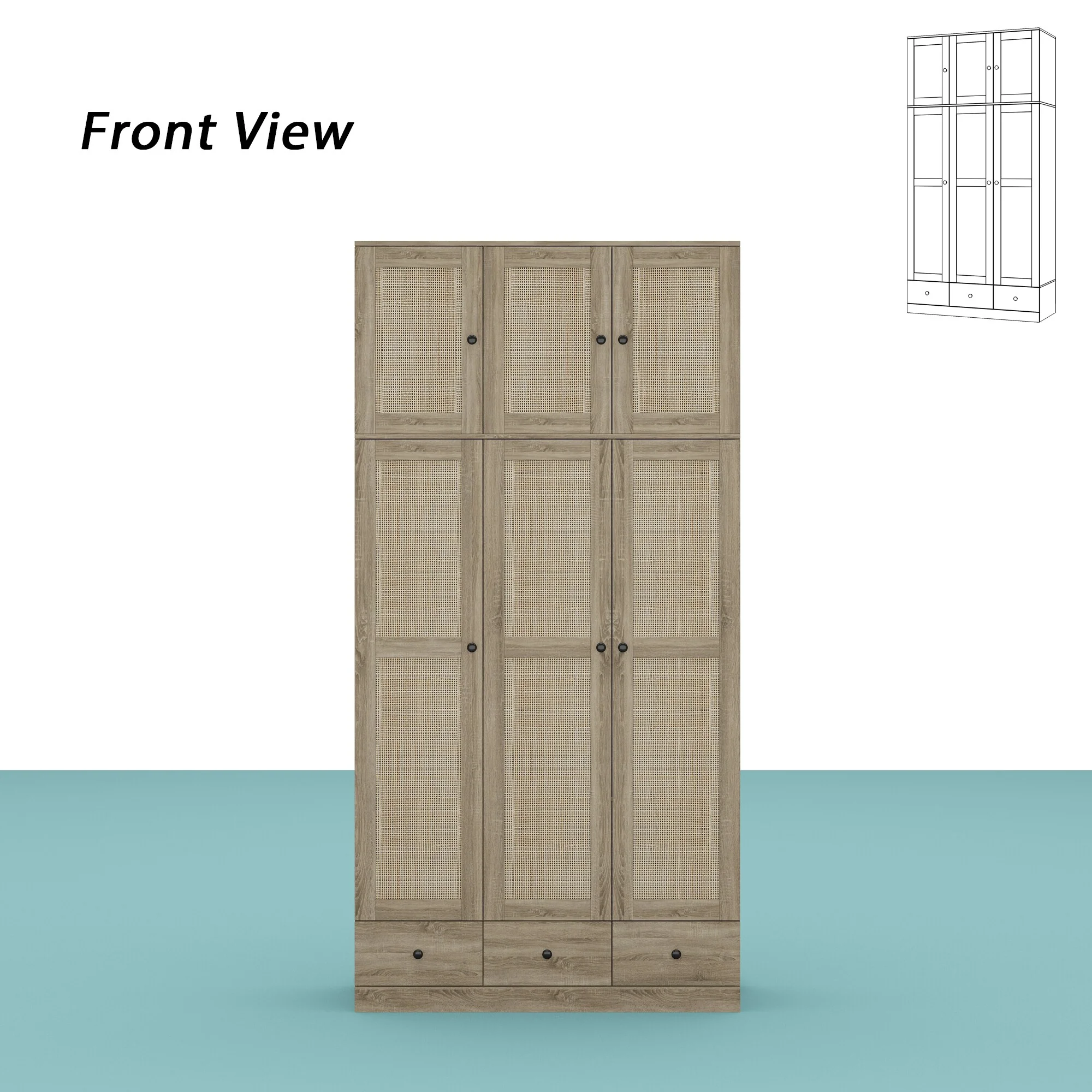 Large Storage Wardrobe Versatile Rattan Door Closet with Deep Drawers