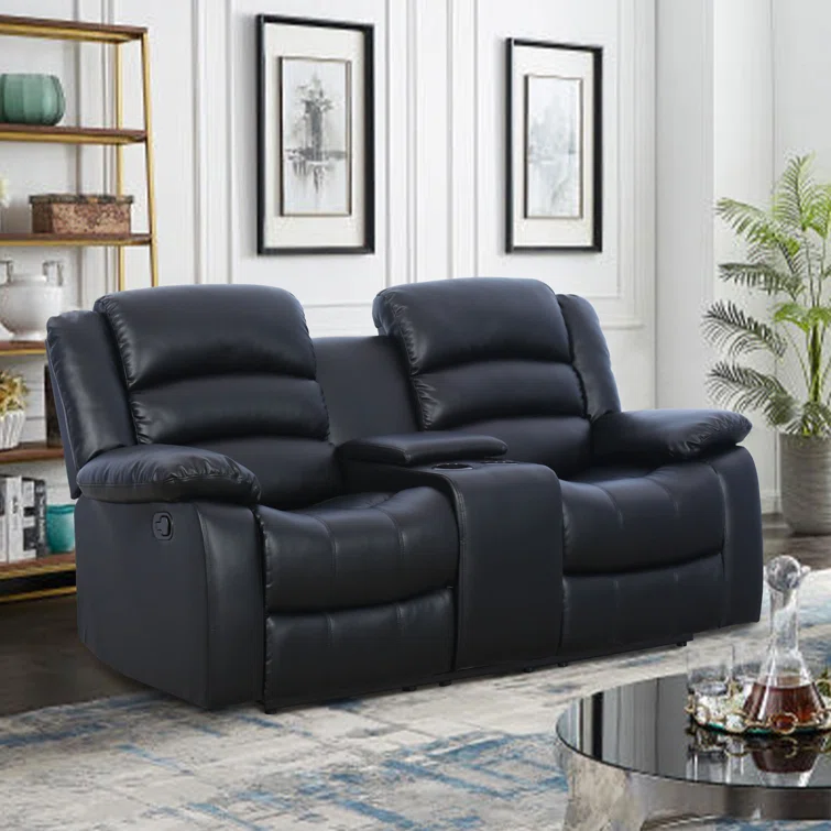 Emryn 71.7'' Wide Modern and Overstuffed Breathable Vegan Leather Manual Reclining Loveseat Sofa with Cup Holder and Storage