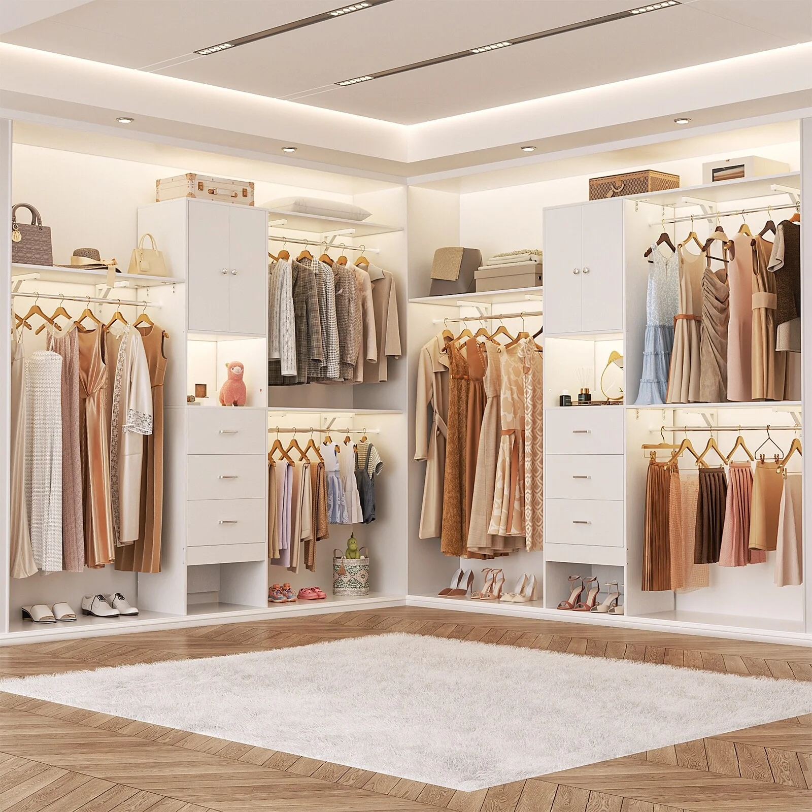 20''-96'' Wide Wooden Closet Organizer With Doors, Adjustable Closet System with Drawers and Hanging Rods