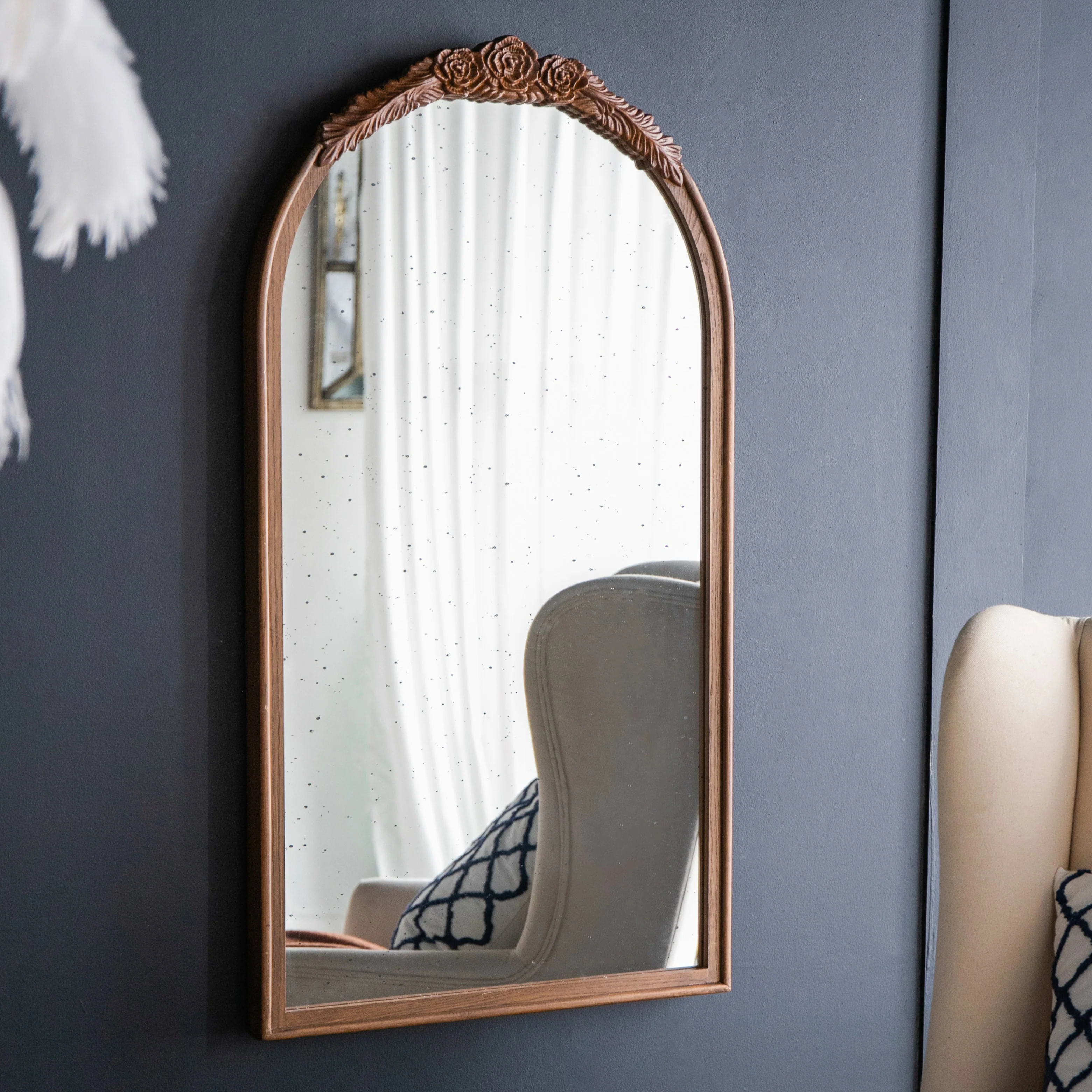Arched Wall Mirror with Hand Carved Rose