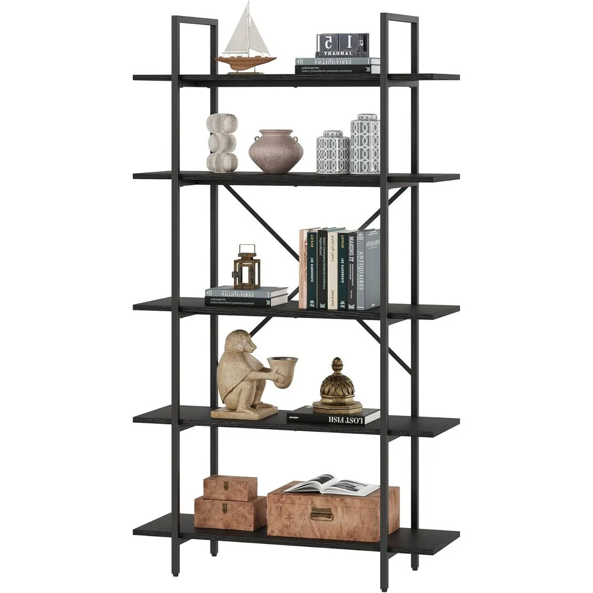 5 Tier Tall Bookcase with Open Display Shelves - N/A